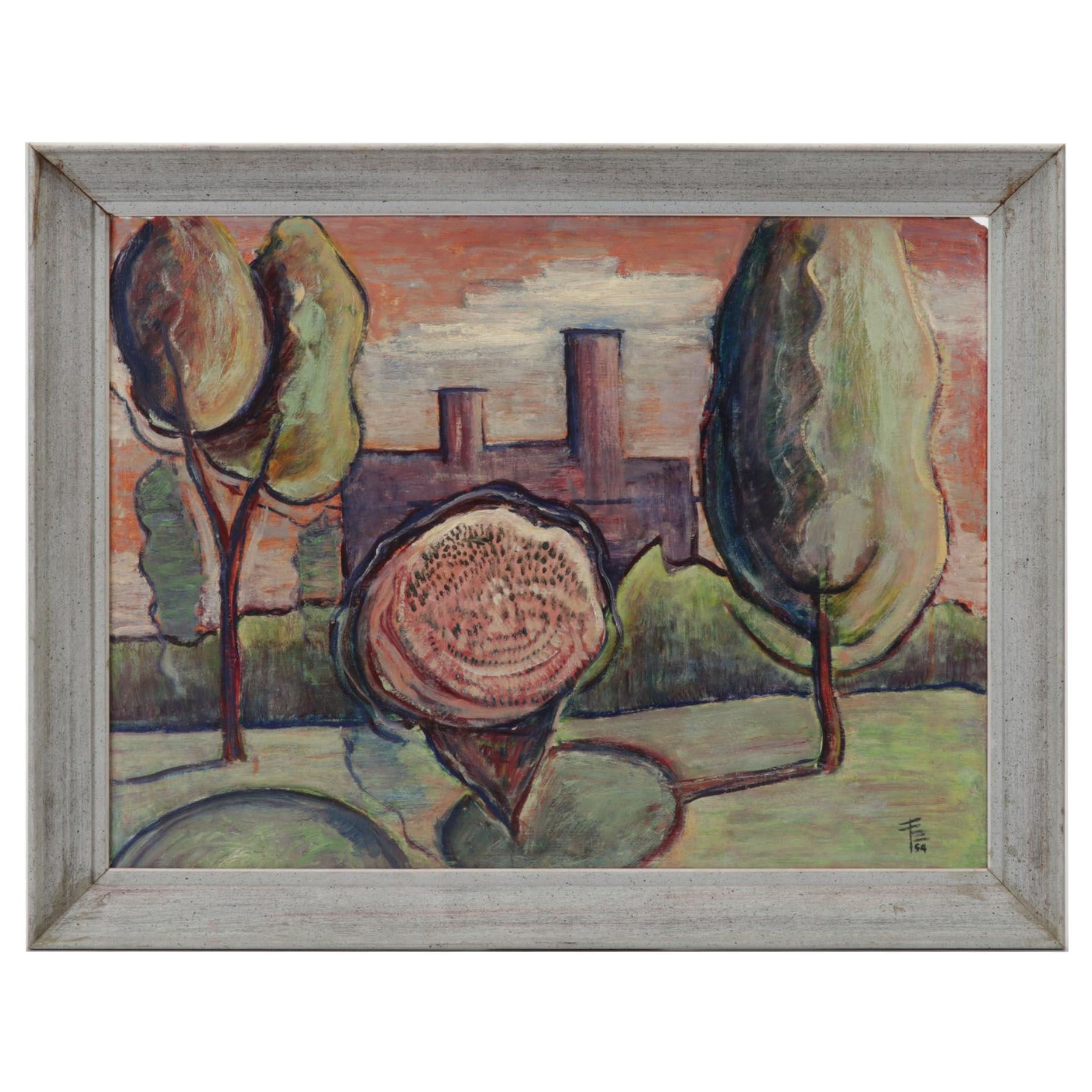 Landscape Oil Painting Featuring Surreal Structure, 1954