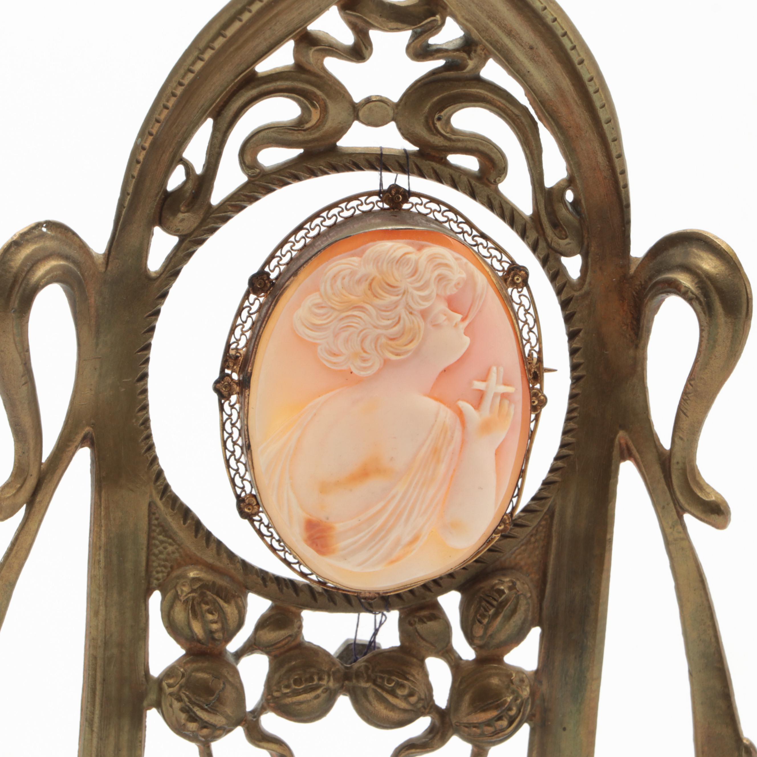 Carved Shell Cameo Brooch Housed in Brass Art Nouveau Frame