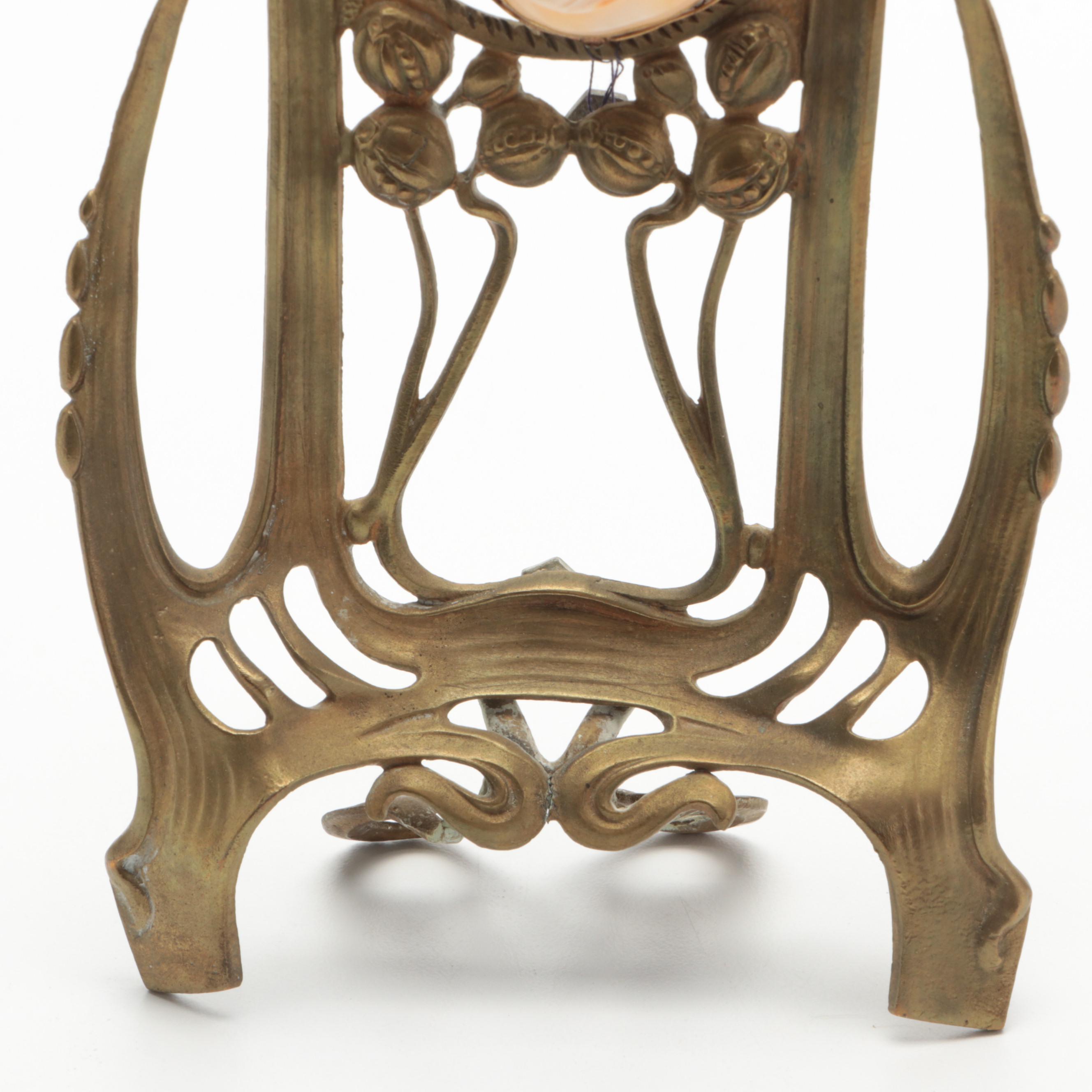 Carved Shell Cameo Brooch Housed in Brass Art Nouveau Frame