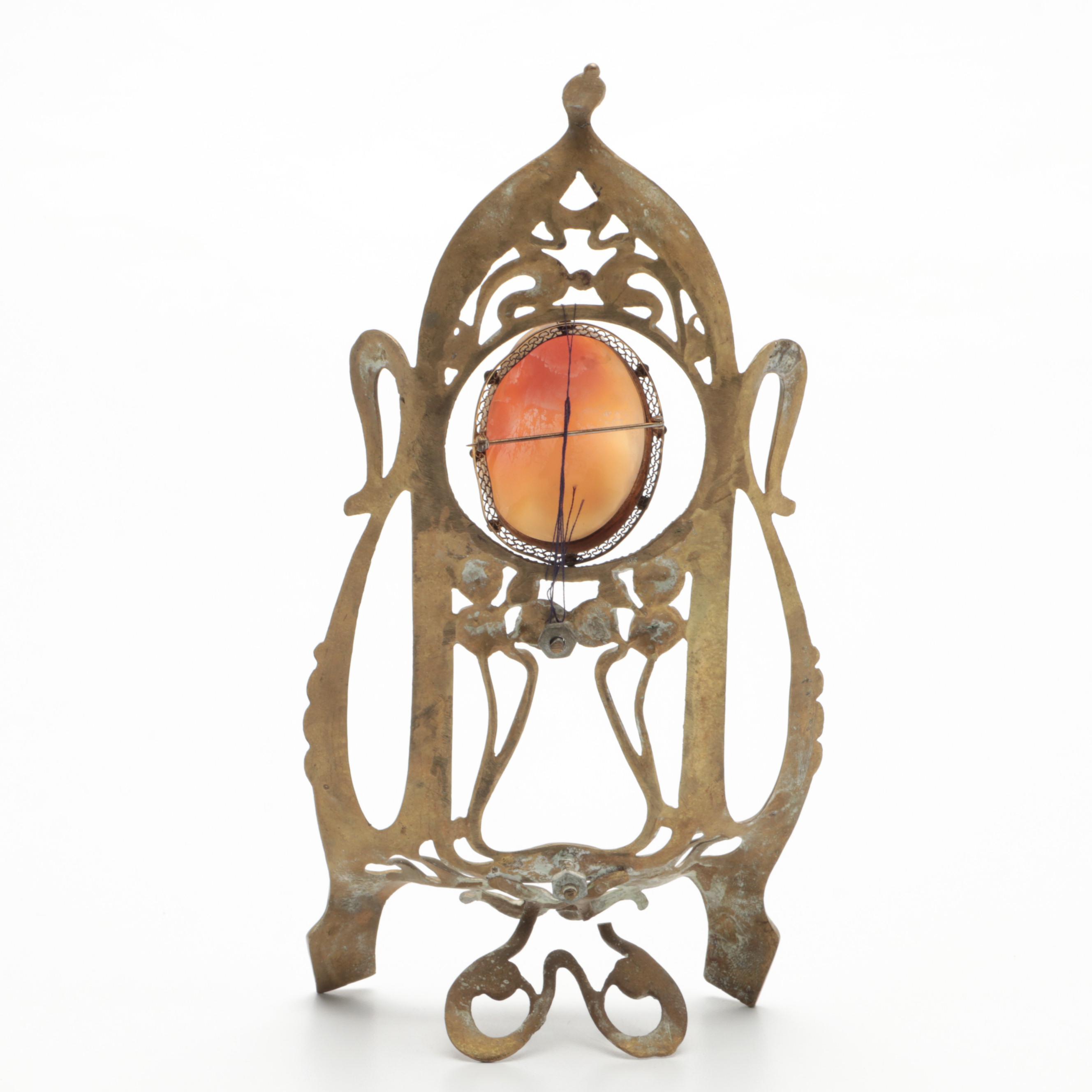 Carved Shell Cameo Brooch Housed in Brass Art Nouveau Frame