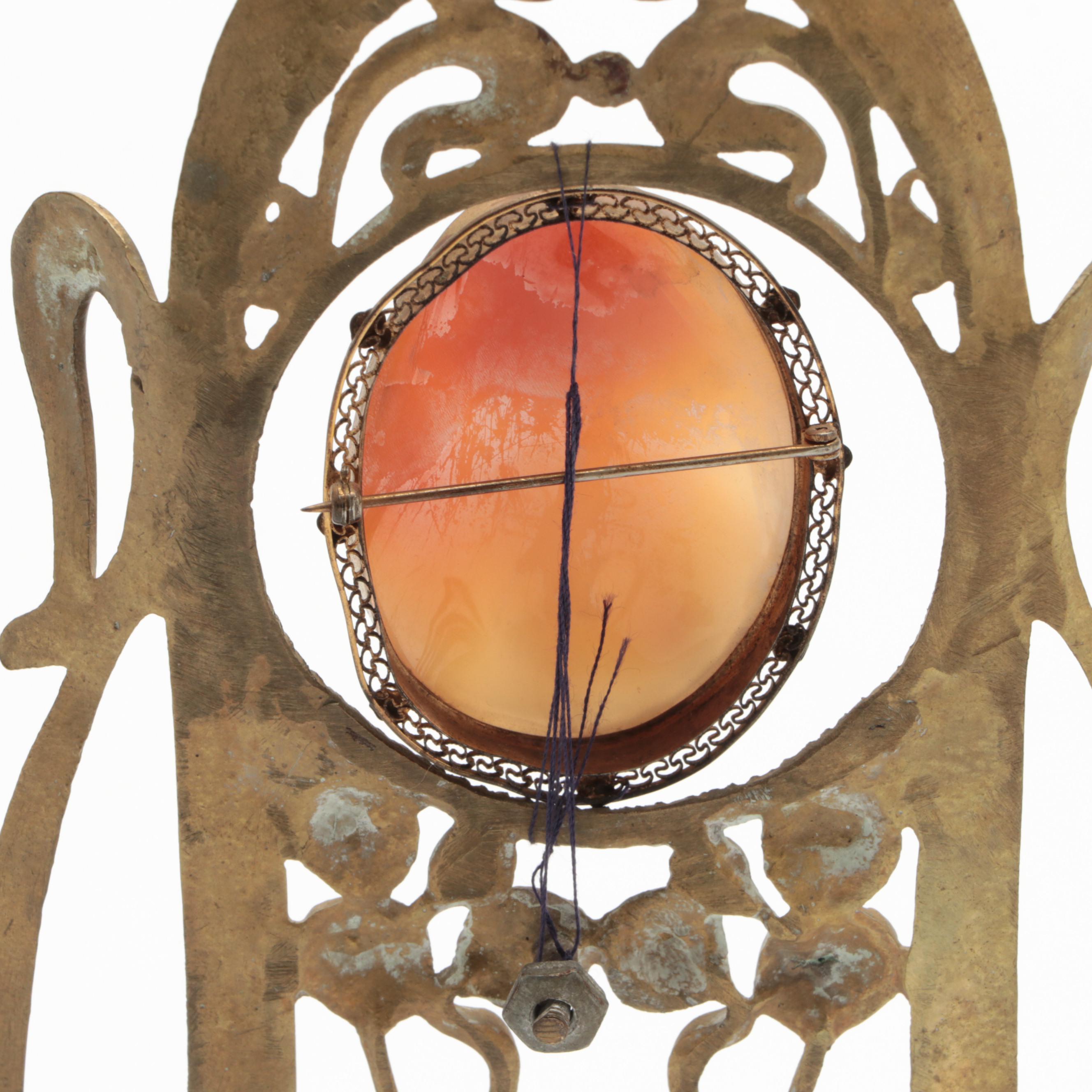 Carved Shell Cameo Brooch Housed in Brass Art Nouveau Frame