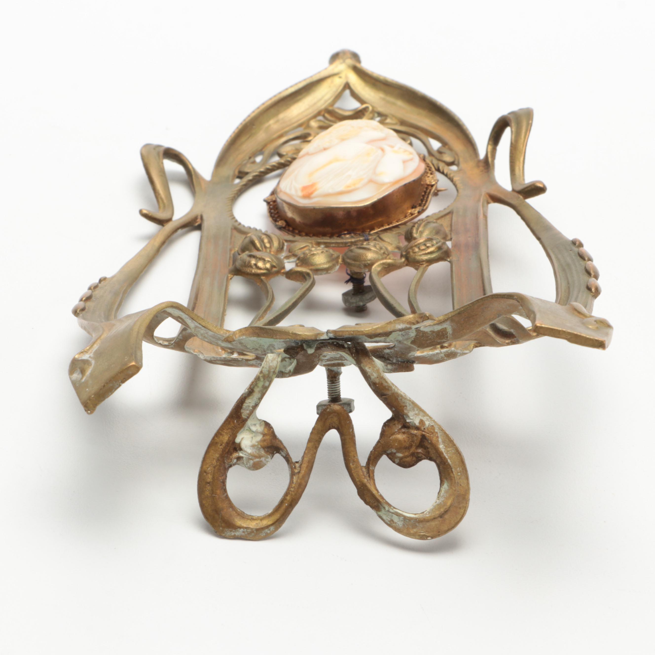Carved Shell Cameo Brooch Housed in Brass Art Nouveau Frame