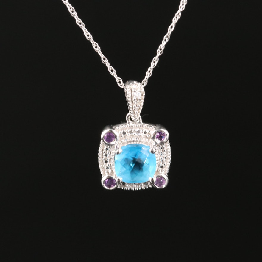 Sterling Glass, Amethyst and Cubic Zirconia Pendant Necklace