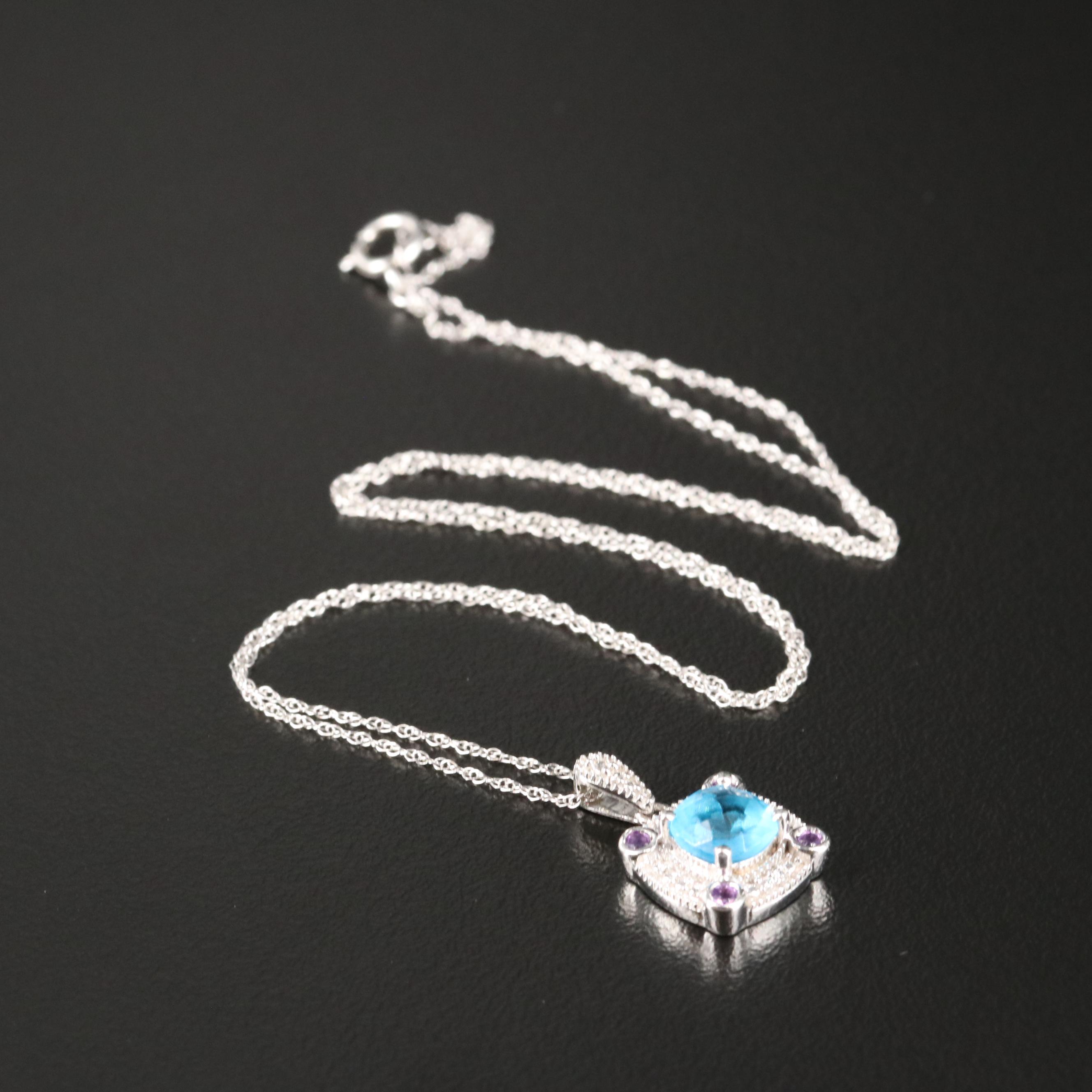 Sterling Glass, Amethyst and Cubic Zirconia Pendant Necklace
