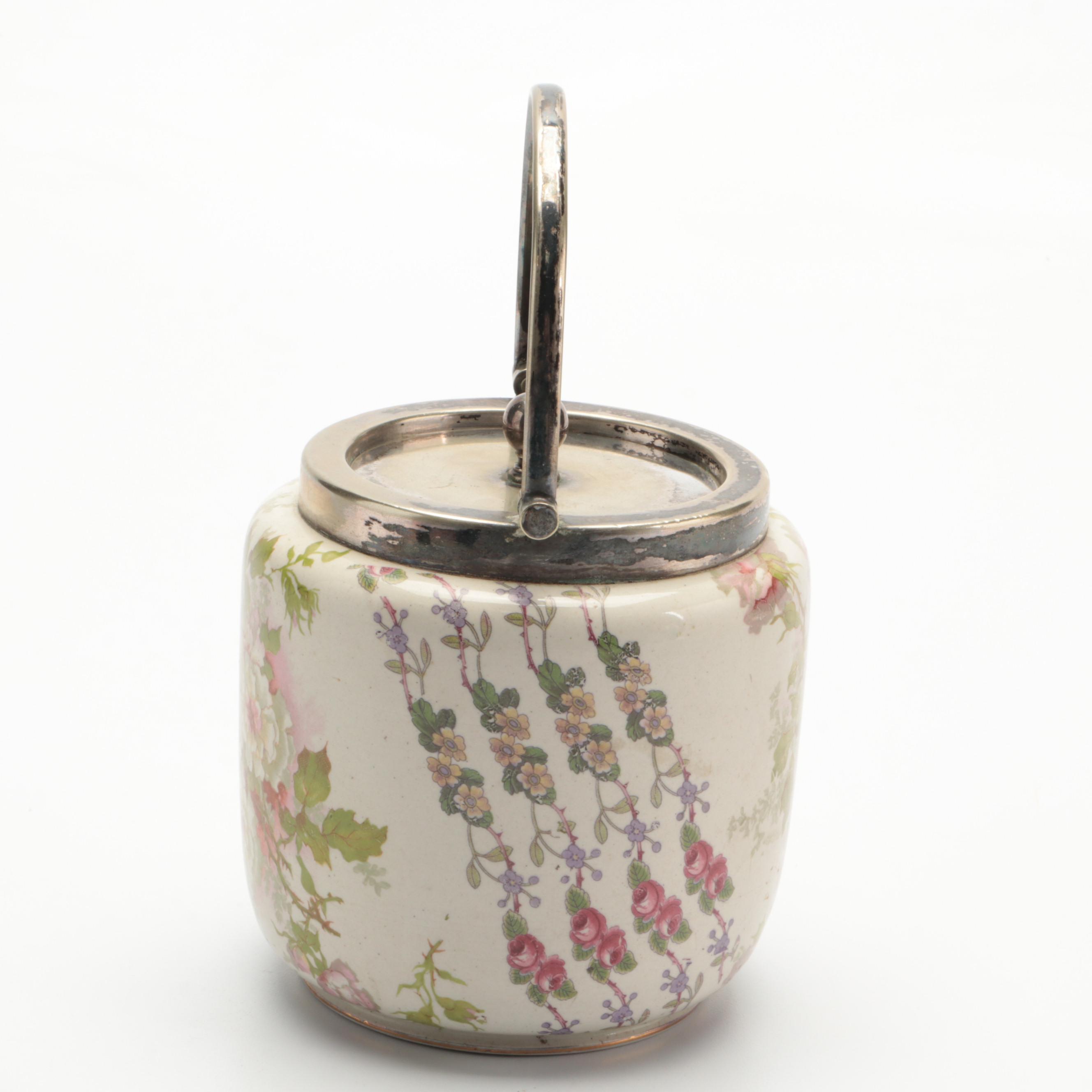 William Wood & Co. English Earthenware Floral Biscuit Jar, Early 20th Century