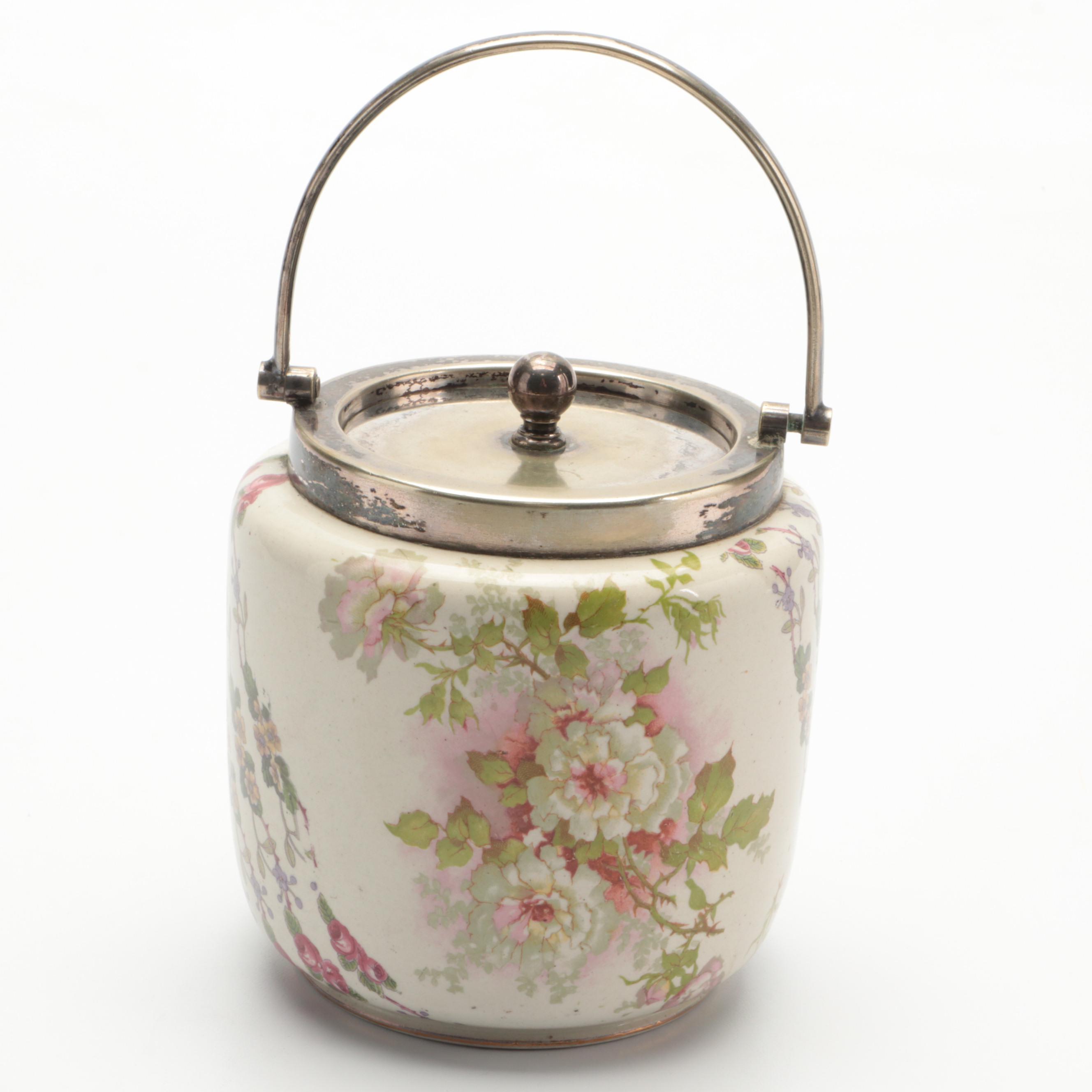 William Wood & Co. English Earthenware Floral Biscuit Jar, Early 20th Century