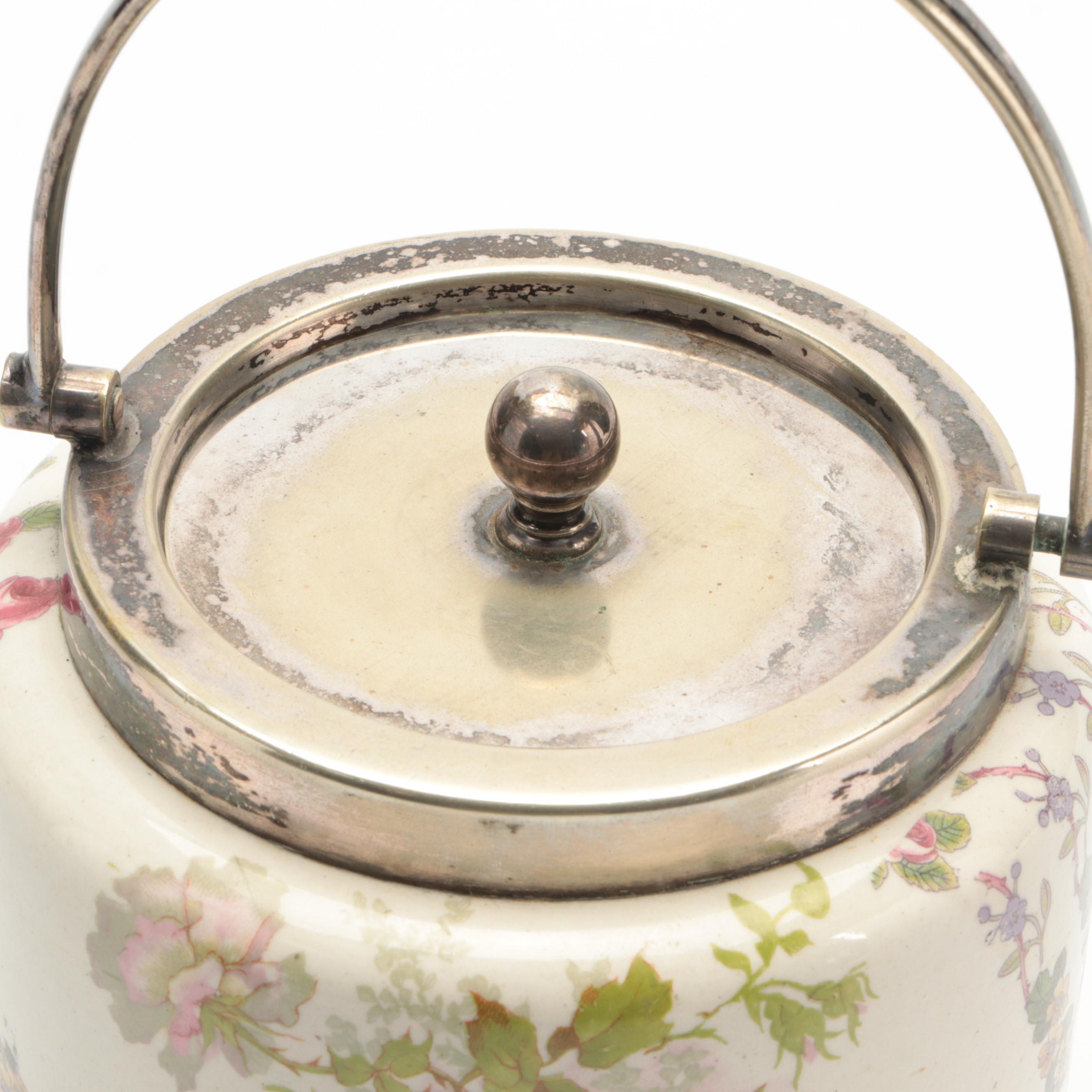 William Wood & Co. English Earthenware Floral Biscuit Jar, Early 20th Century