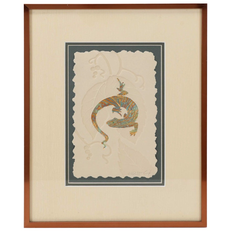 Folk Art Hand-Painted Embossed Etching of Lizard on Leaf, Circa 1975