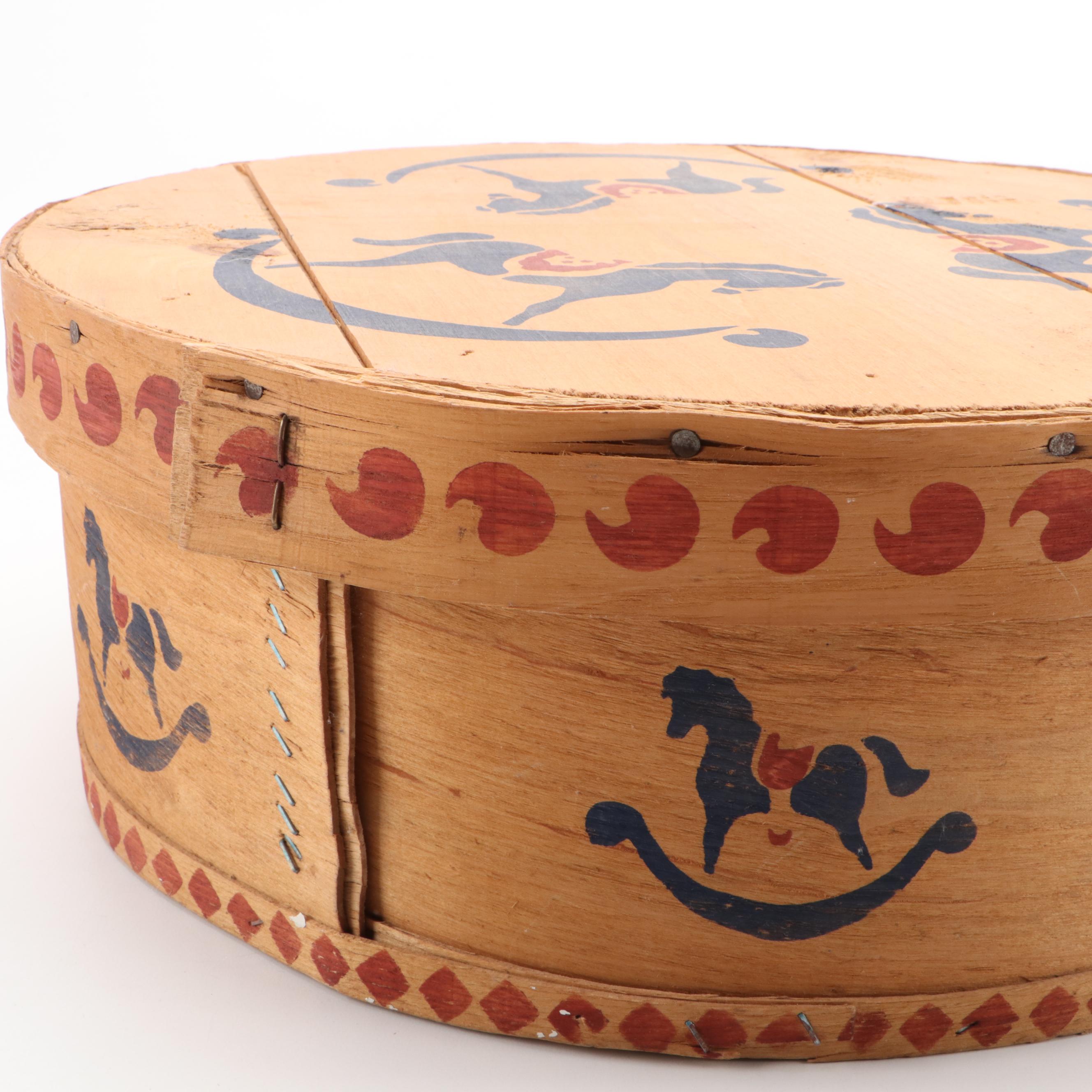 Stencil Decorated Bentwood Box with Other Boxes and Bread Board