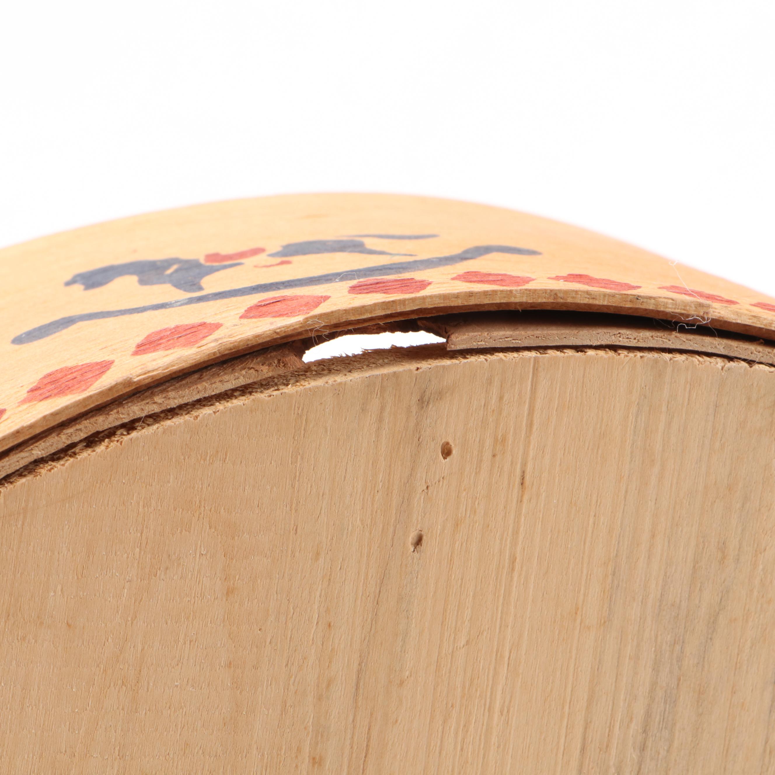 Stencil Decorated Bentwood Box with Other Boxes and Bread Board