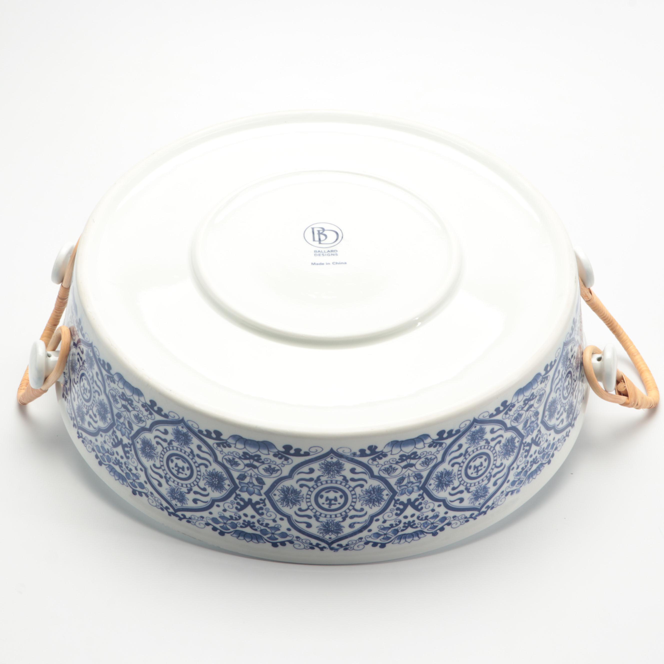 Ballard Designs Chinoiserie Blue and White Porcelain Rattan Handled Tray and Jar