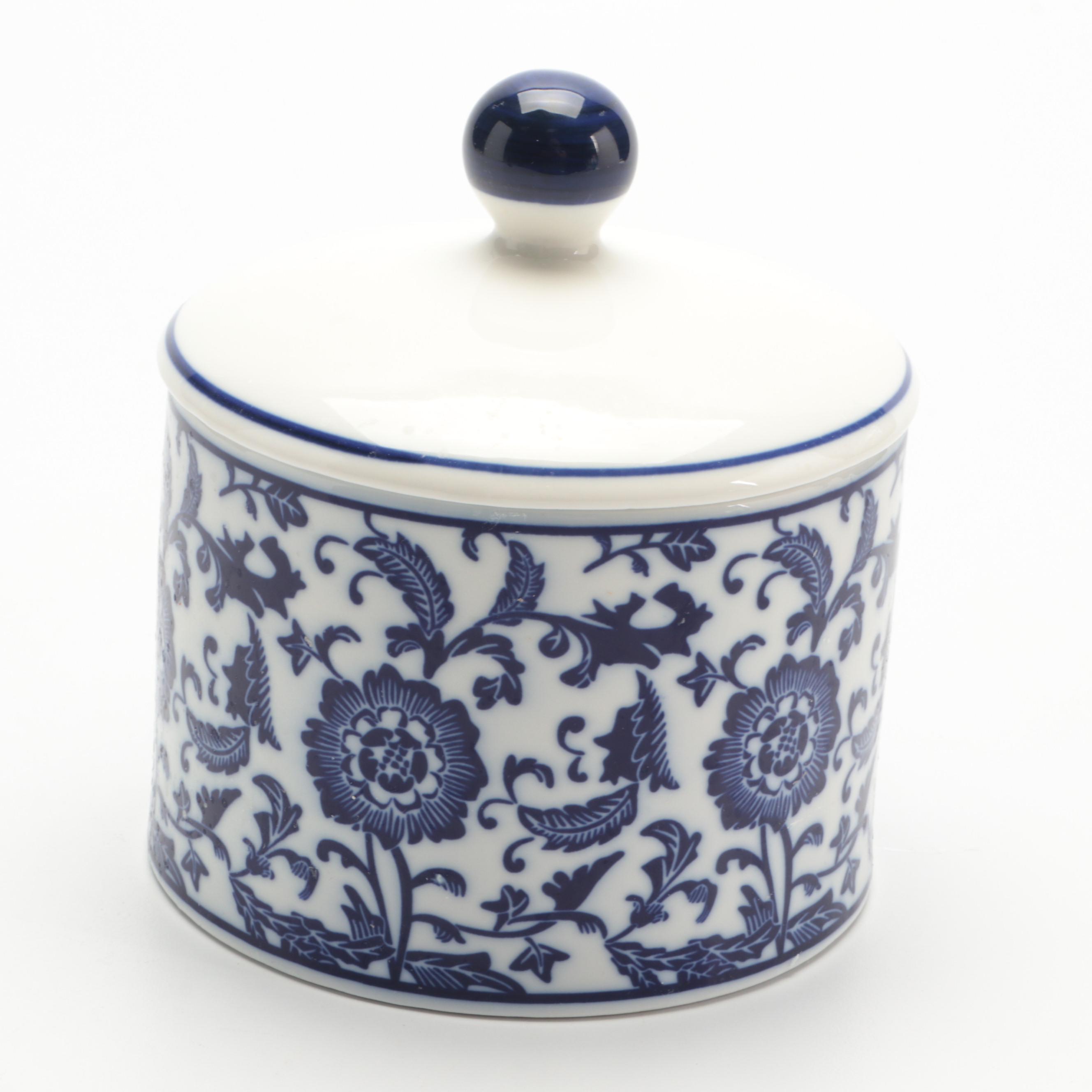 Ballard Designs Chinoiserie Blue and White Porcelain Rattan Handled Tray and Jar