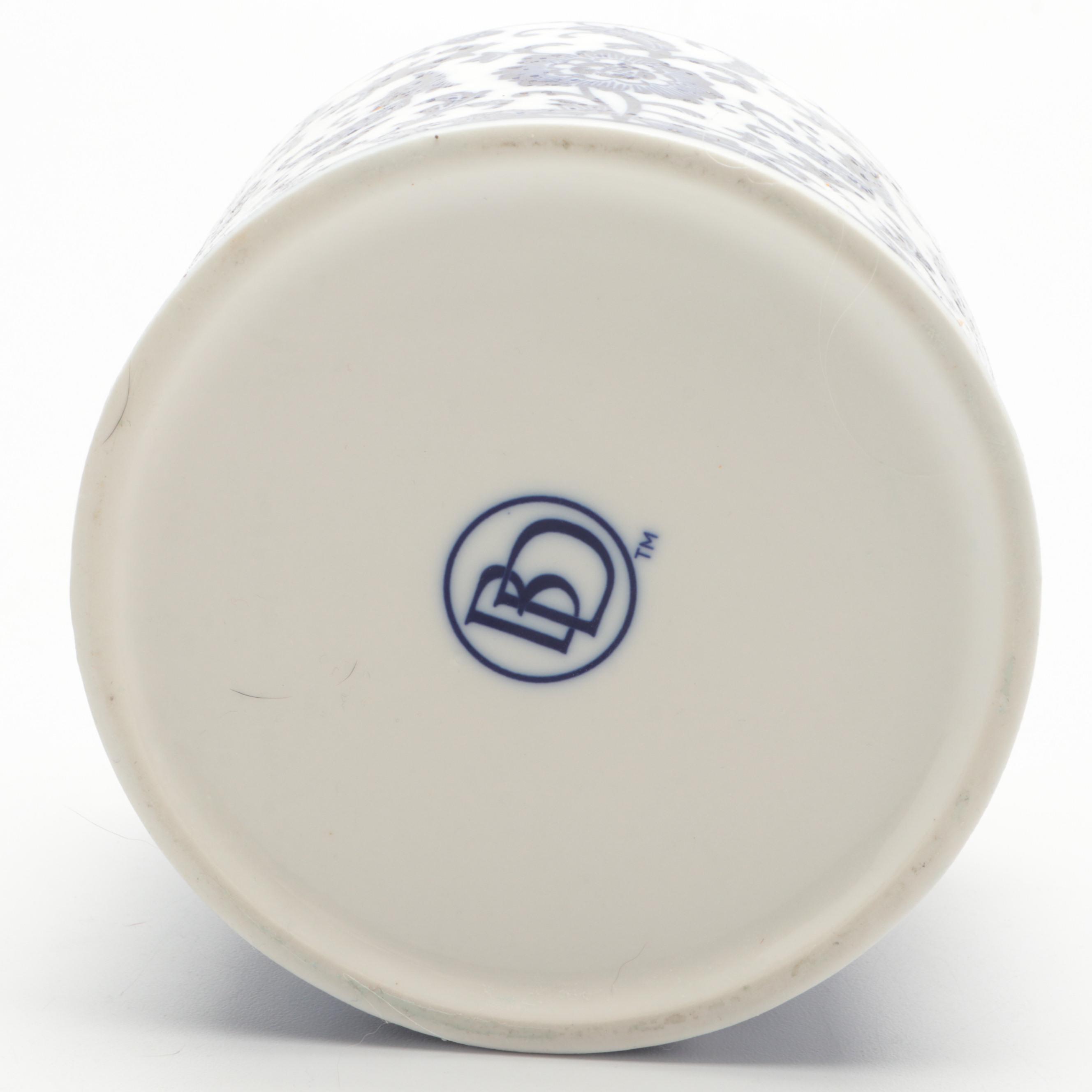 Ballard Designs Chinoiserie Blue and White Porcelain Rattan Handled Tray and Jar