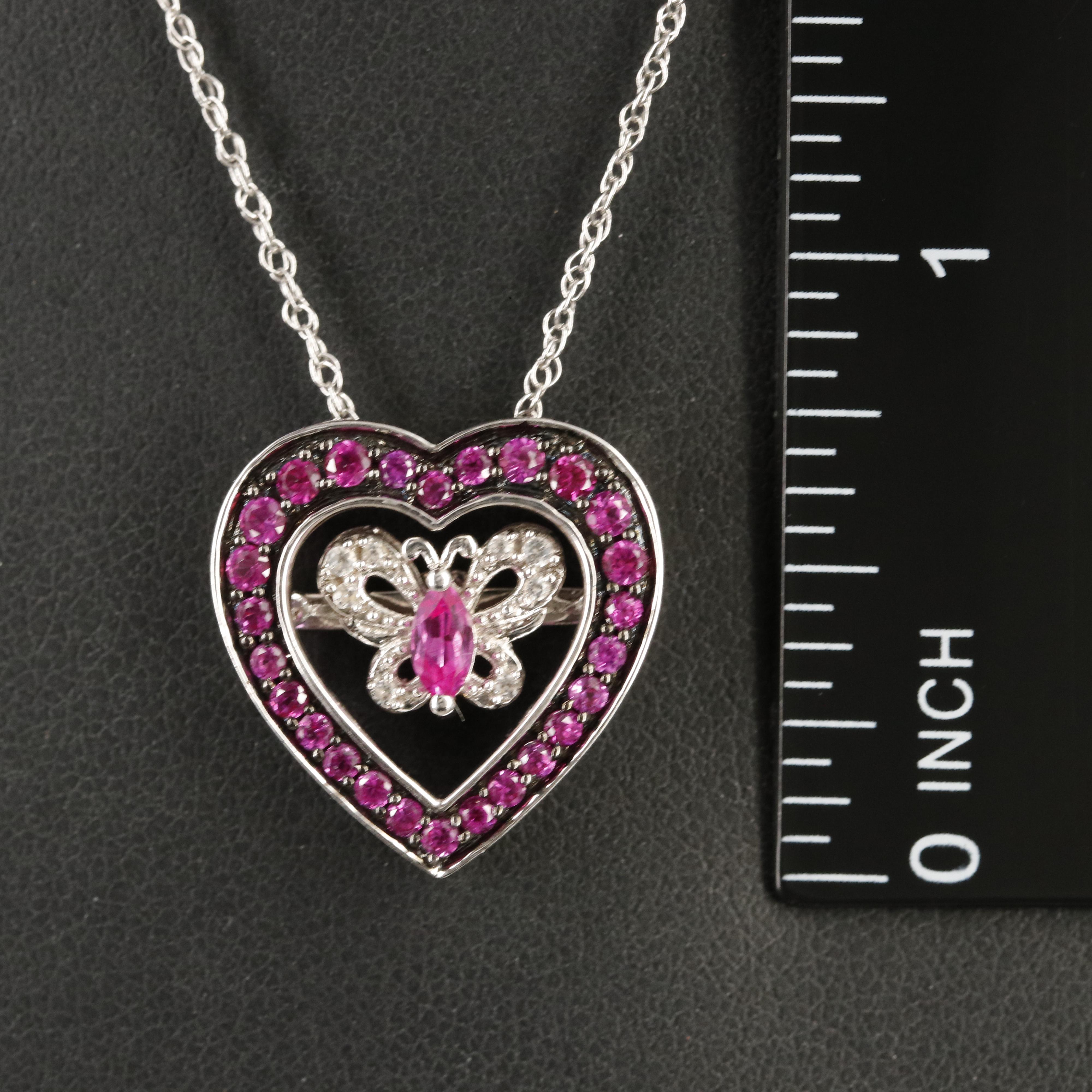Sterling Ruby and White Sapphire Butterfly Heart Tremble Pendant Necklace