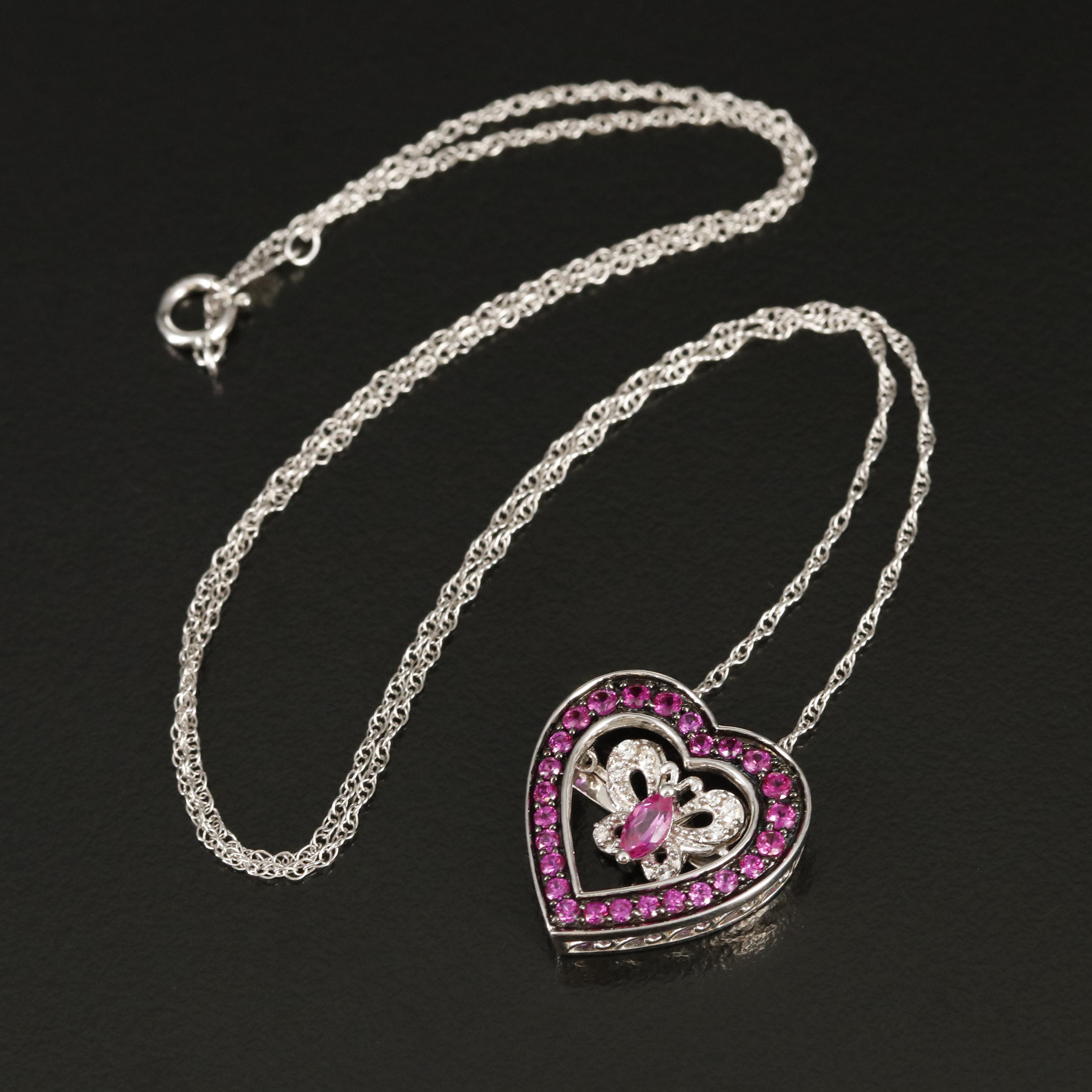 Sterling Ruby and White Sapphire Butterfly Heart Tremble Pendant Necklace