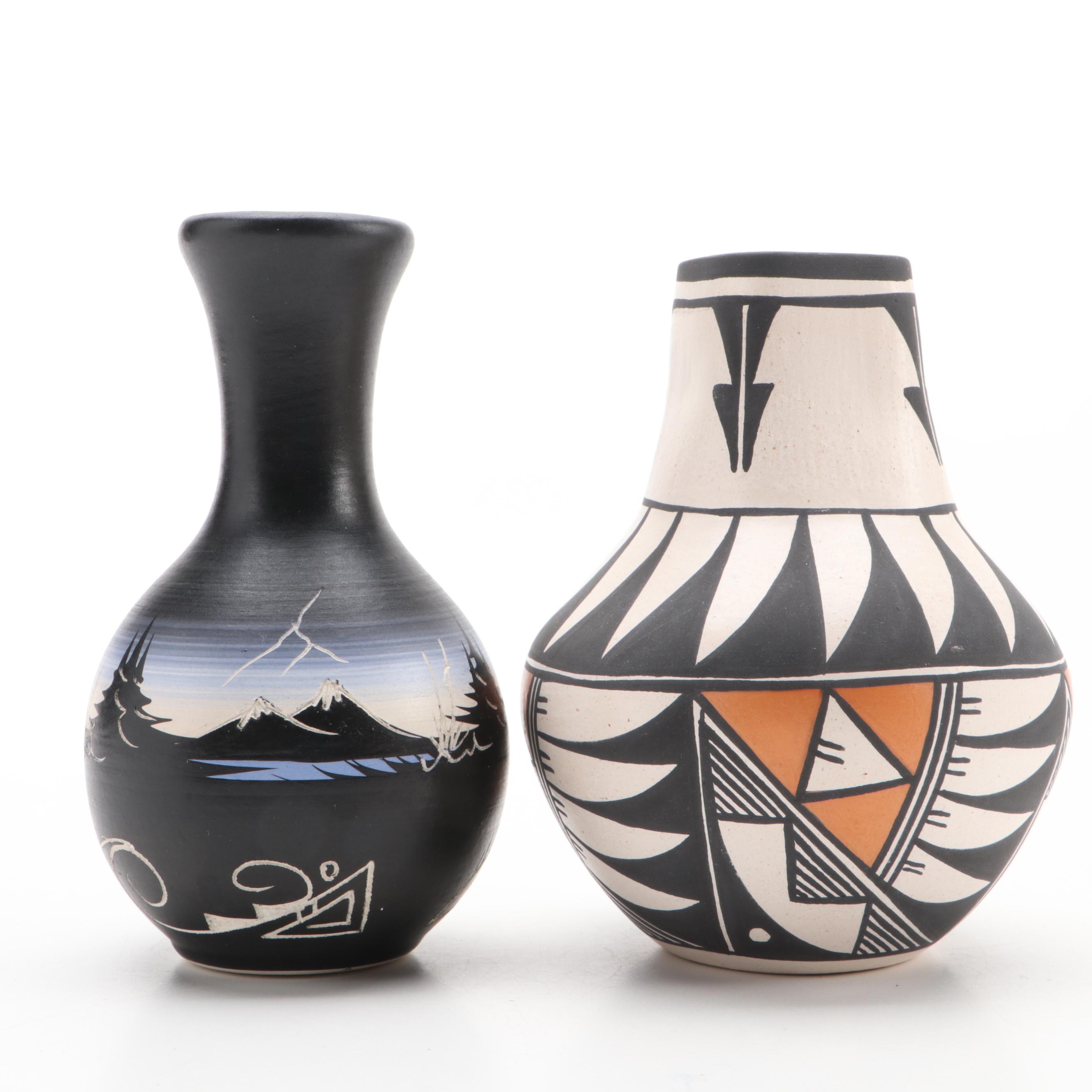 Artist Signed Pottery Olla and Vessels with Grecian Museum Replica Jar