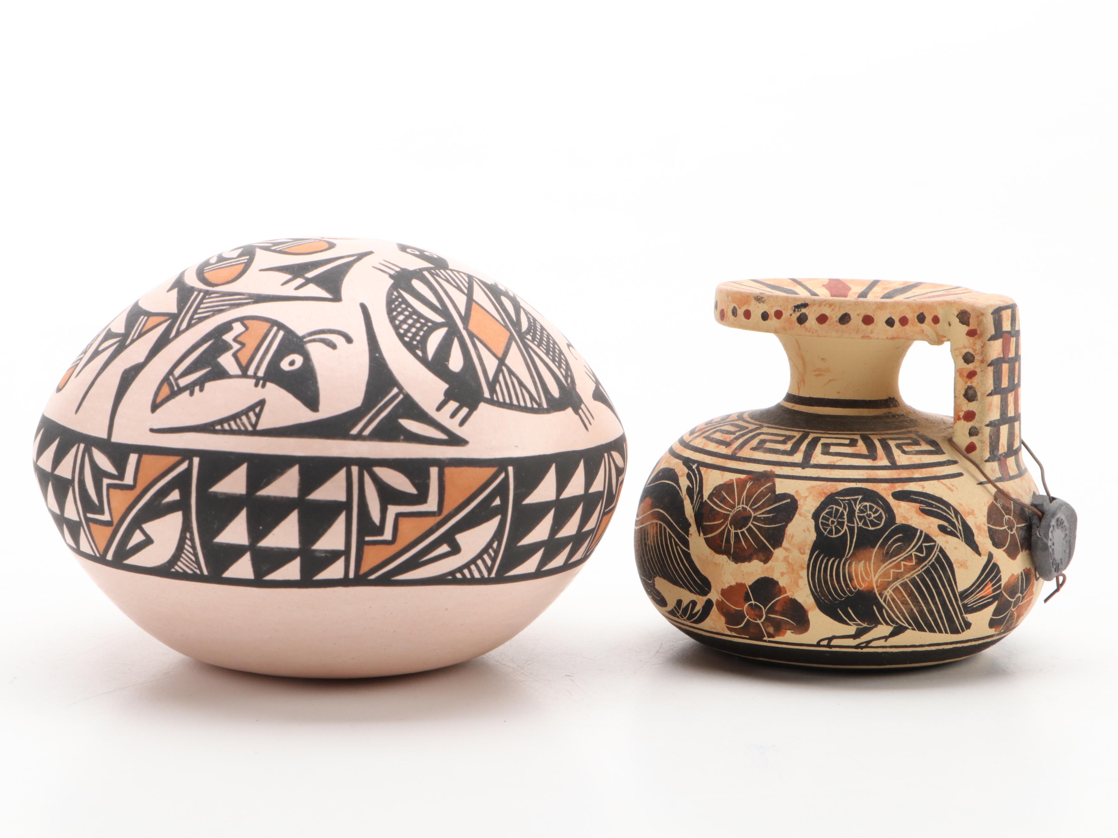 Artist Signed Pottery Olla and Vessels with Grecian Museum Replica Jar