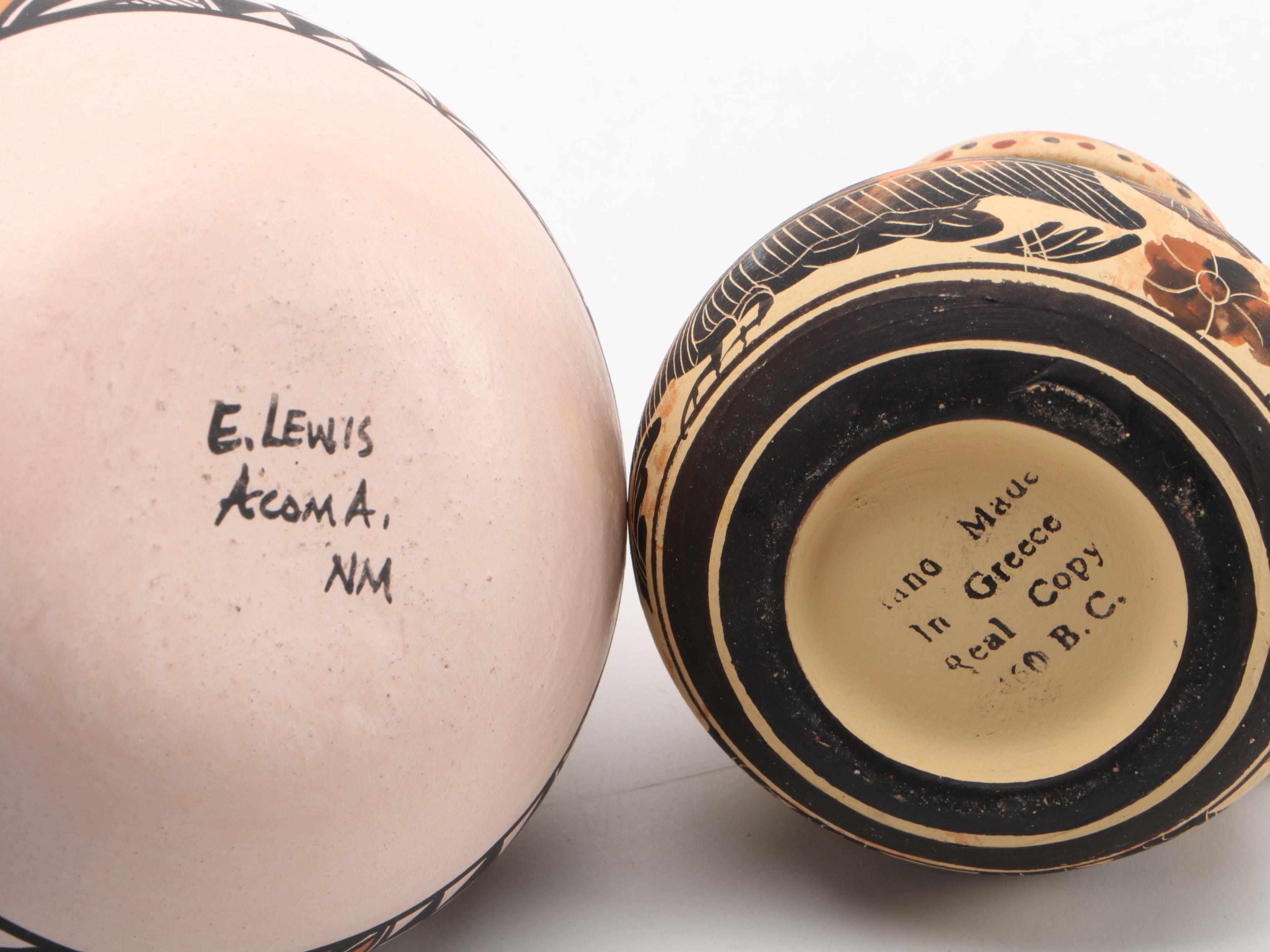 Artist Signed Pottery Olla and Vessels with Grecian Museum Replica Jar