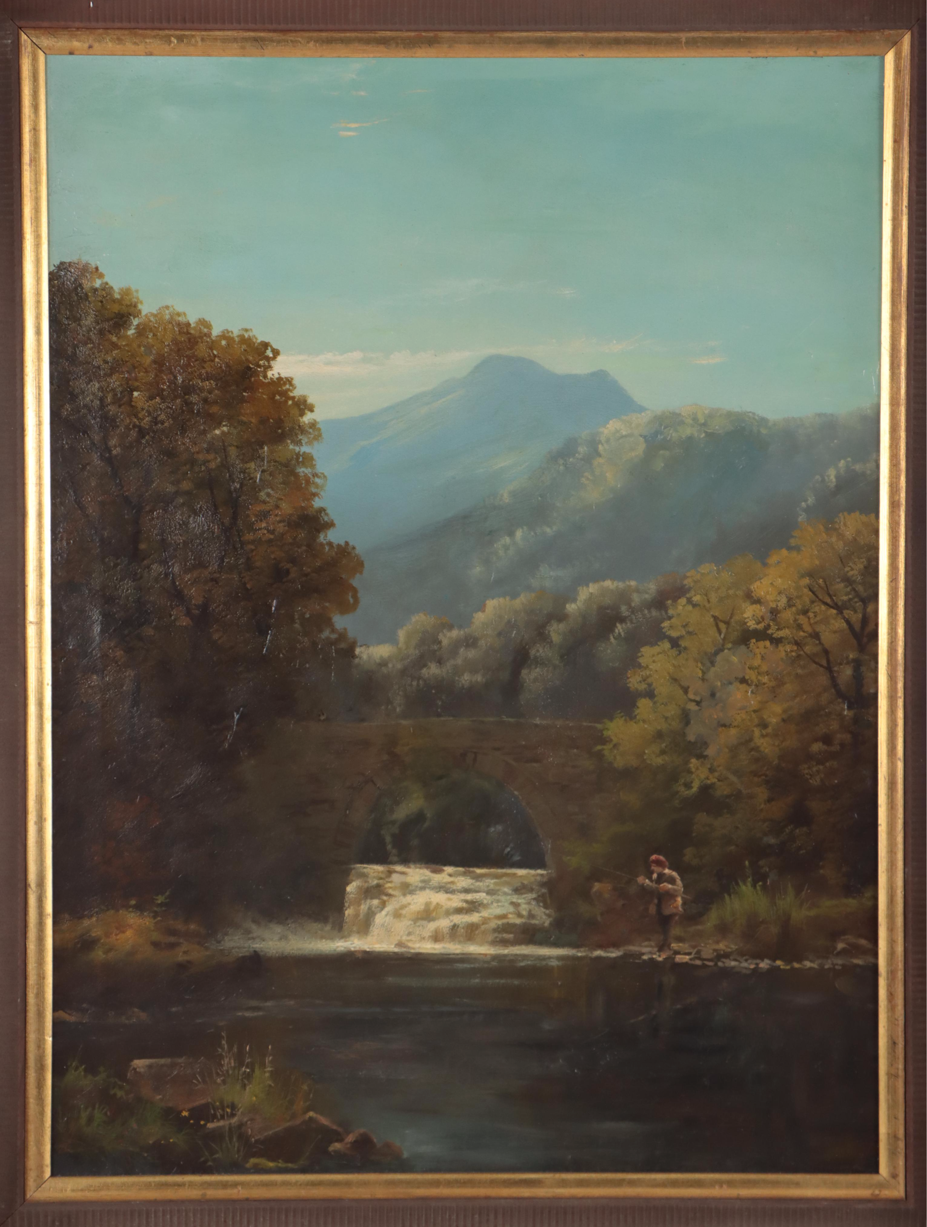 Landscape with Man Fishing Oil Painting, Early to Mid-20th Century