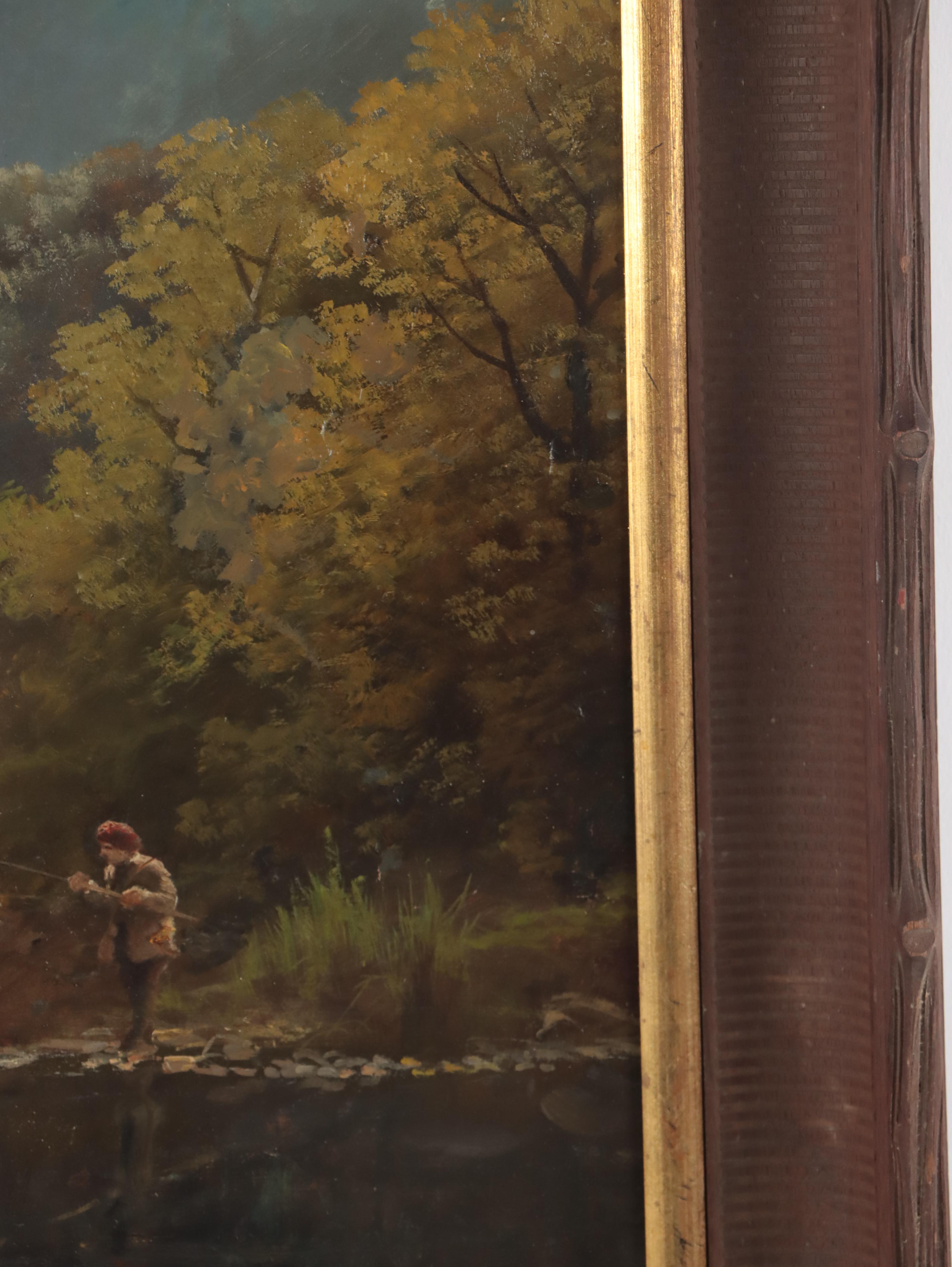 Landscape with Man Fishing Oil Painting, Early to Mid-20th Century