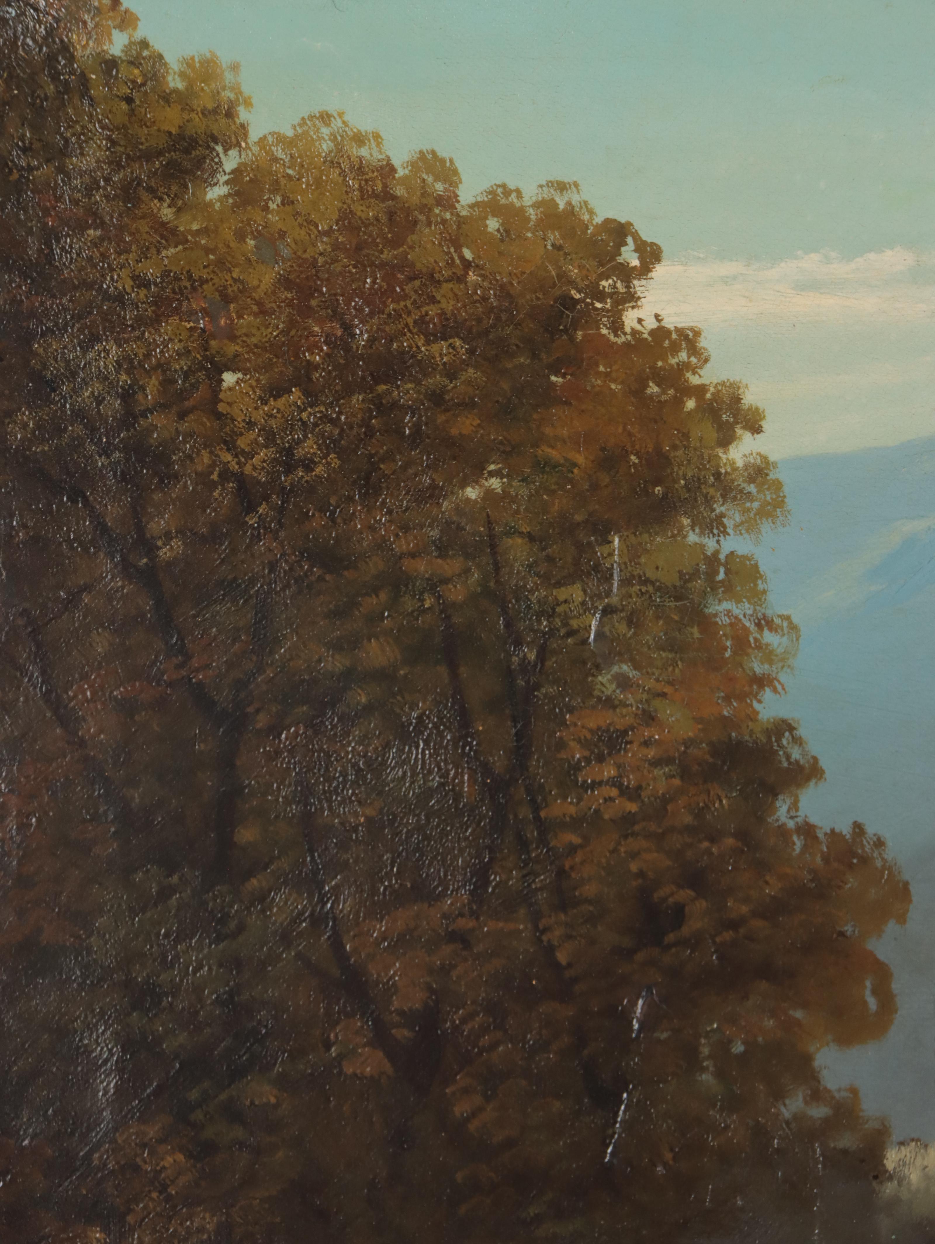 Landscape with Man Fishing Oil Painting, Early to Mid-20th Century