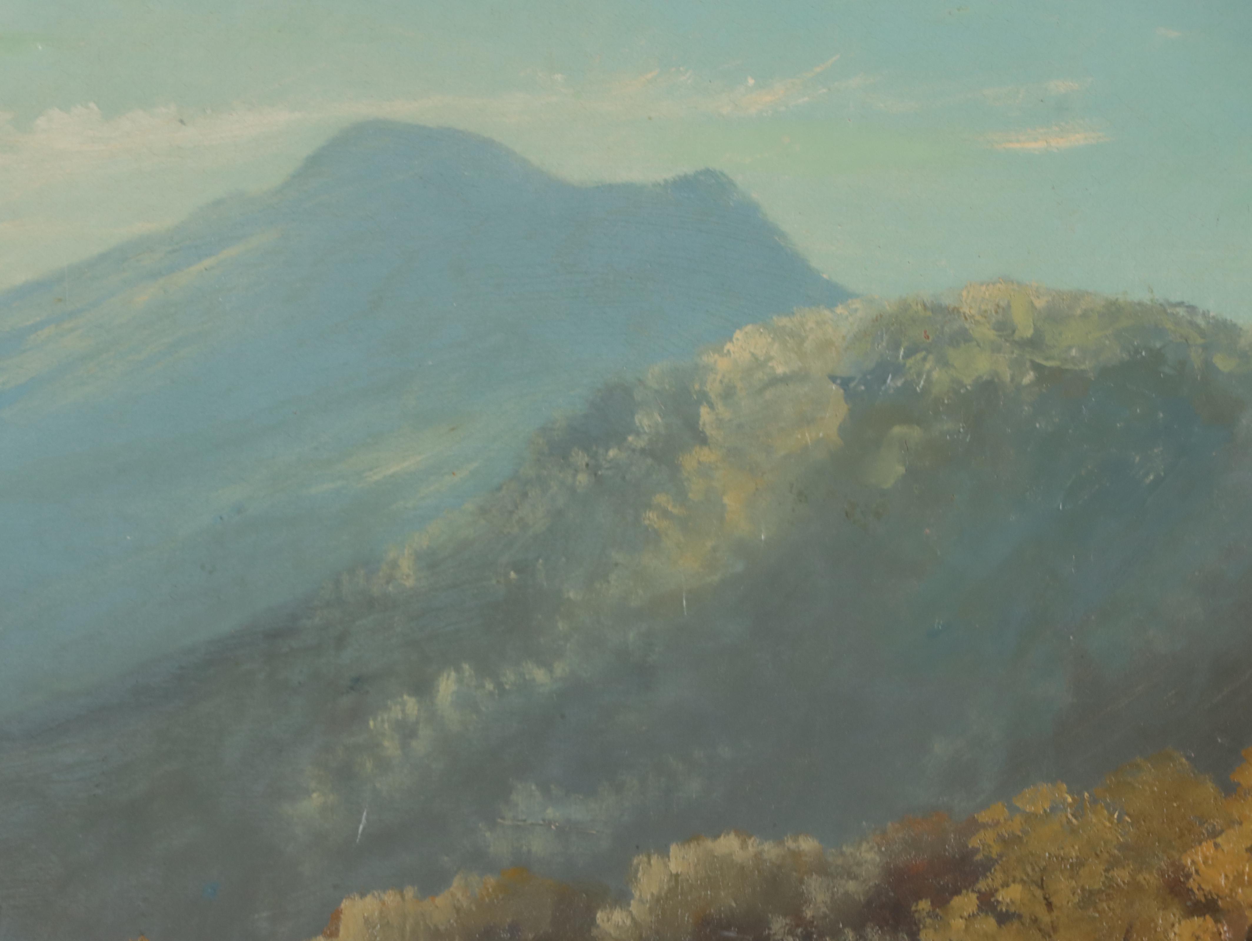 Landscape with Man Fishing Oil Painting, Early to Mid-20th Century