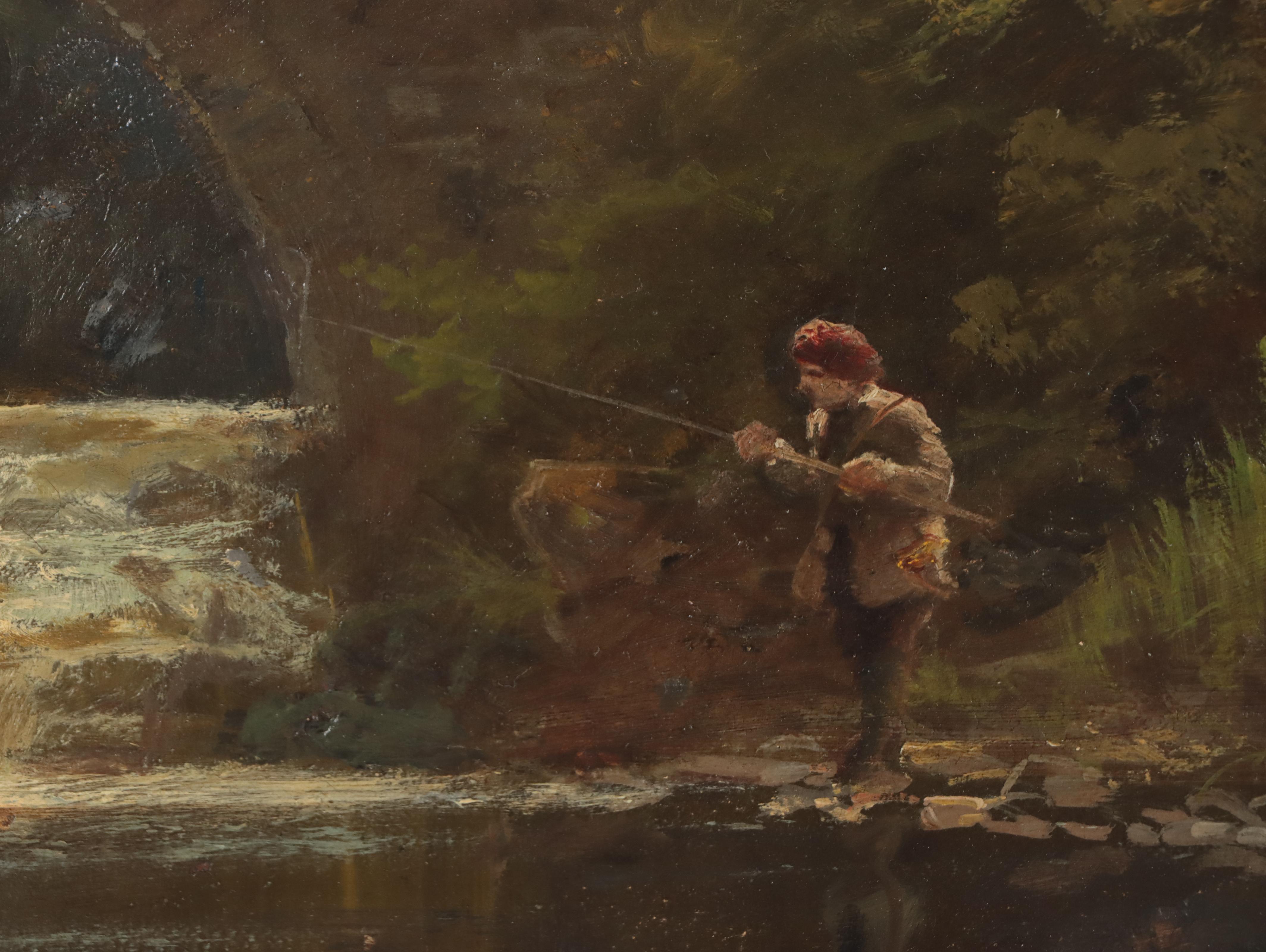 Landscape with Man Fishing Oil Painting, Early to Mid-20th Century