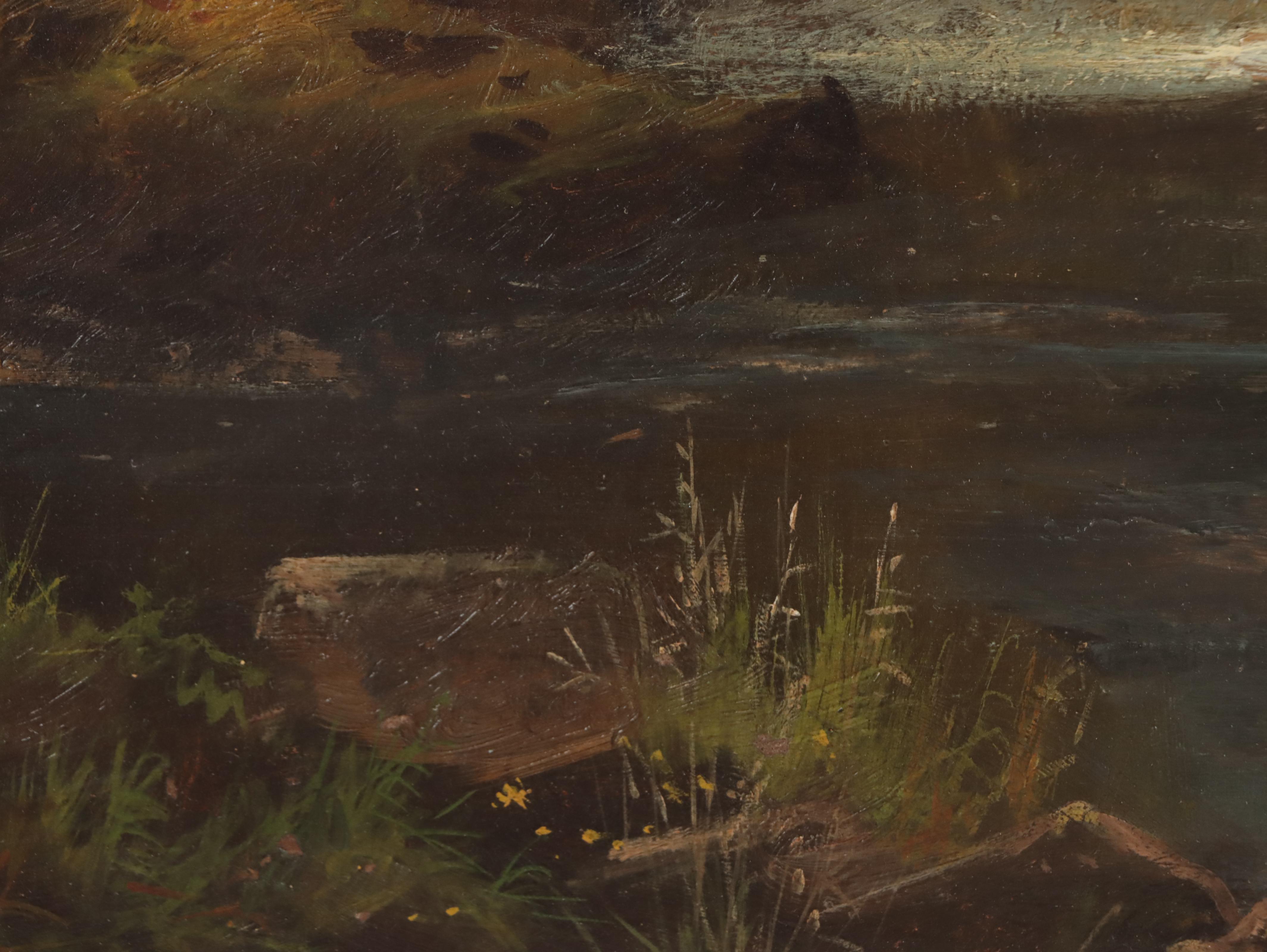 Landscape with Man Fishing Oil Painting, Early to Mid-20th Century