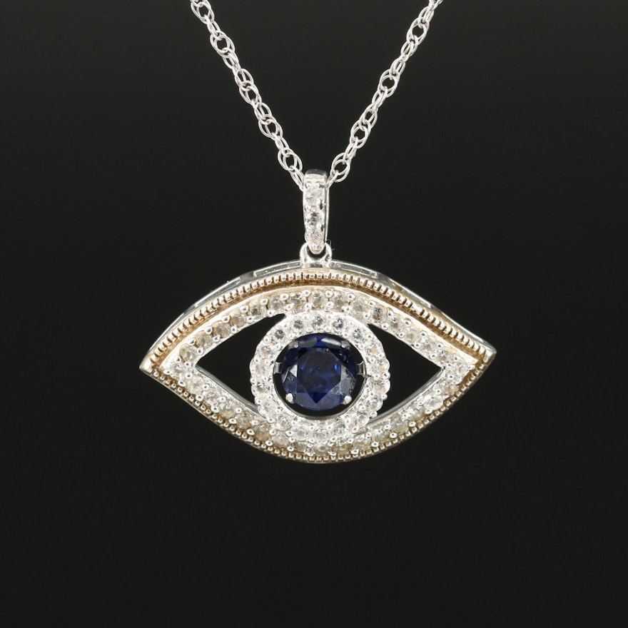 Sterling Sapphire Evil Eye Trembler Pendant Necklace