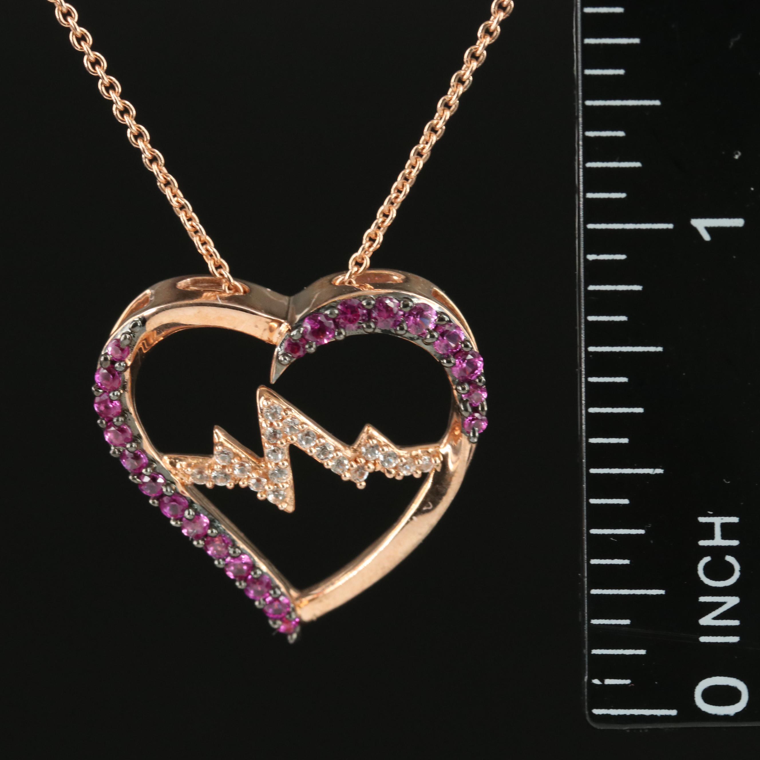 Sterling Ruby and Sapphire Heartbeat and Heart Pendant Necklace