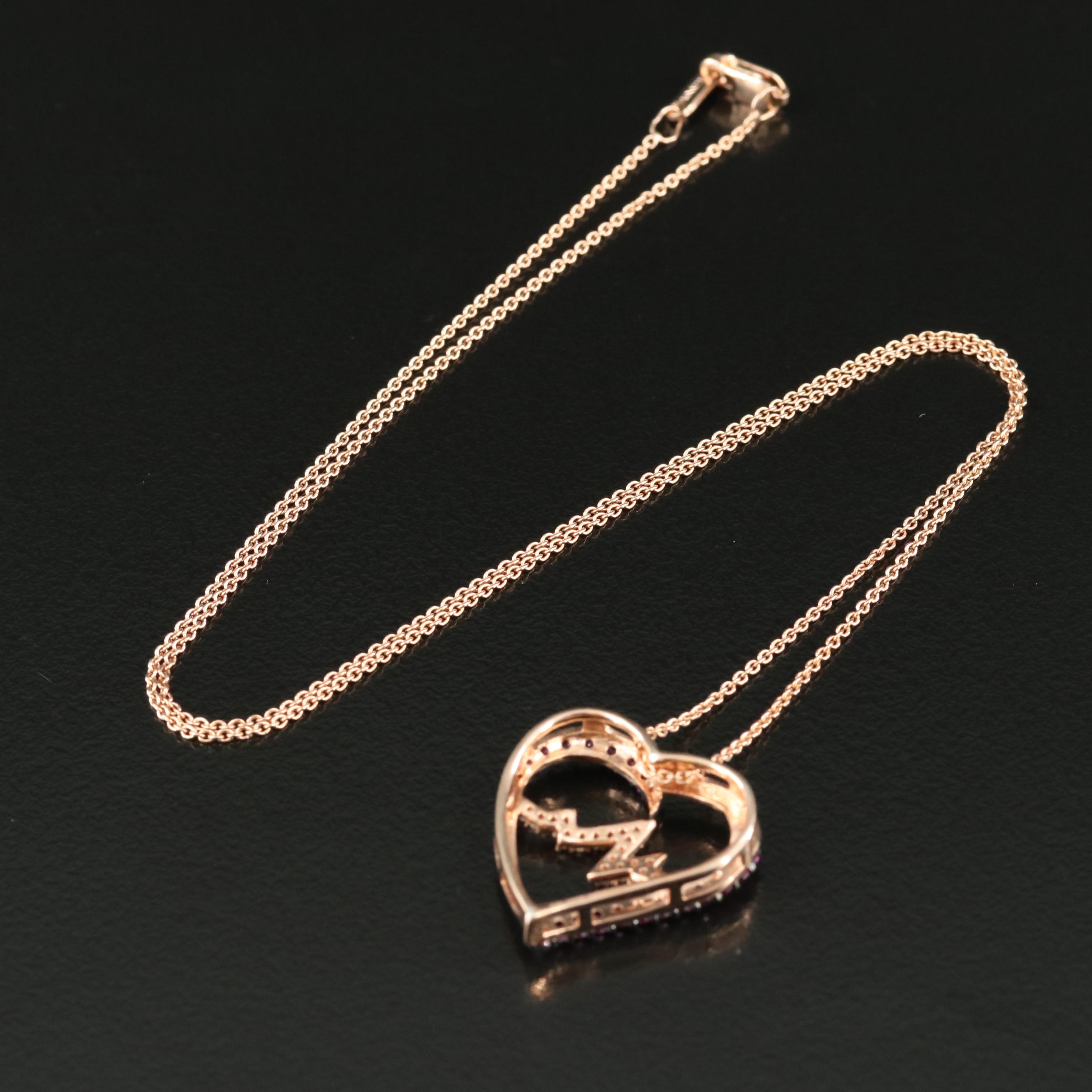 Sterling Ruby and Sapphire Heartbeat and Heart Pendant Necklace