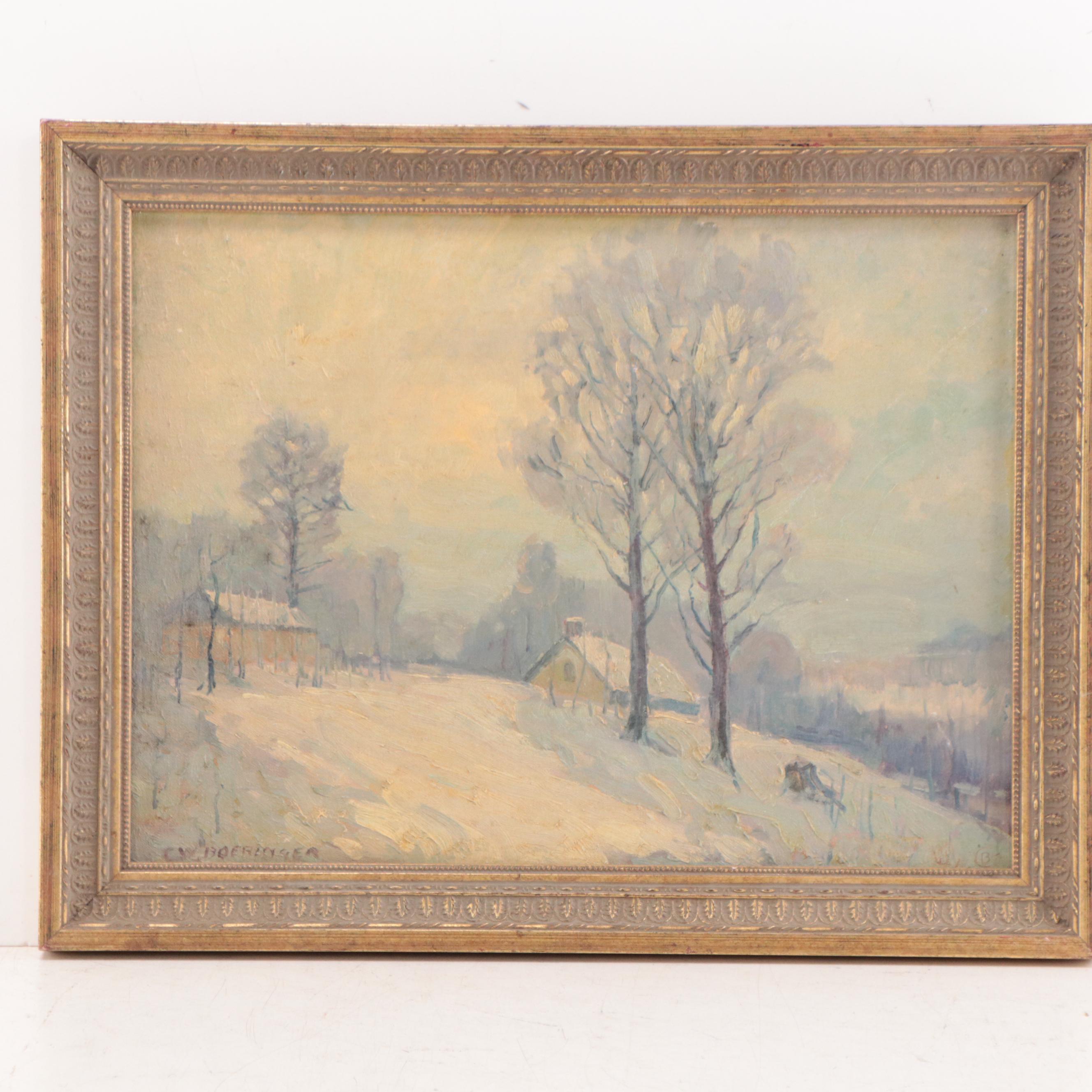 C. W. Boeringer Winter Landscape Oil Painting "Snow Scene Erlanger," 1941
