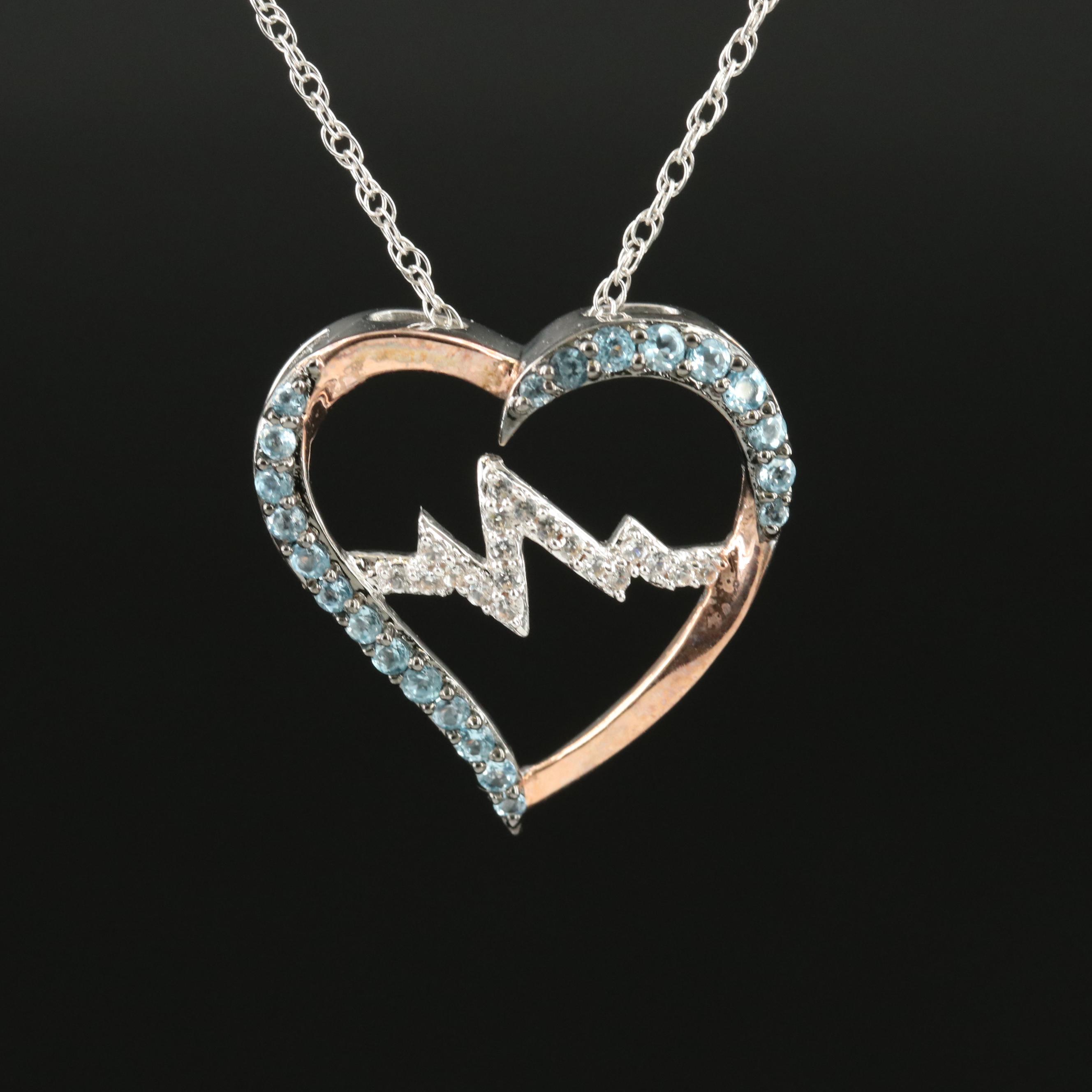 Sterling Topaz and Sapphire Heart and Heartbeat Pendant Necklace