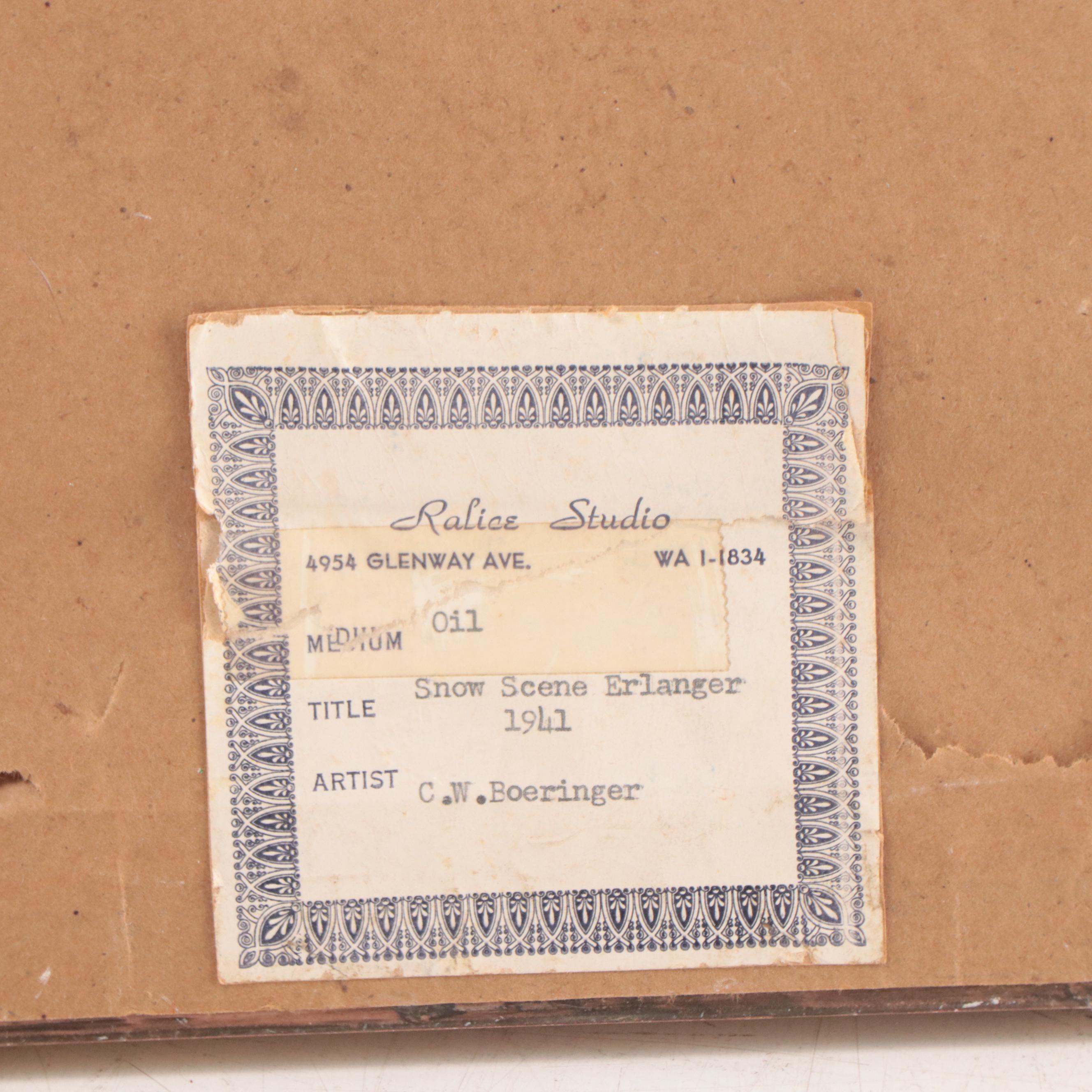 C. W. Boeringer Winter Landscape Oil Painting "Snow Scene Erlanger," 1941