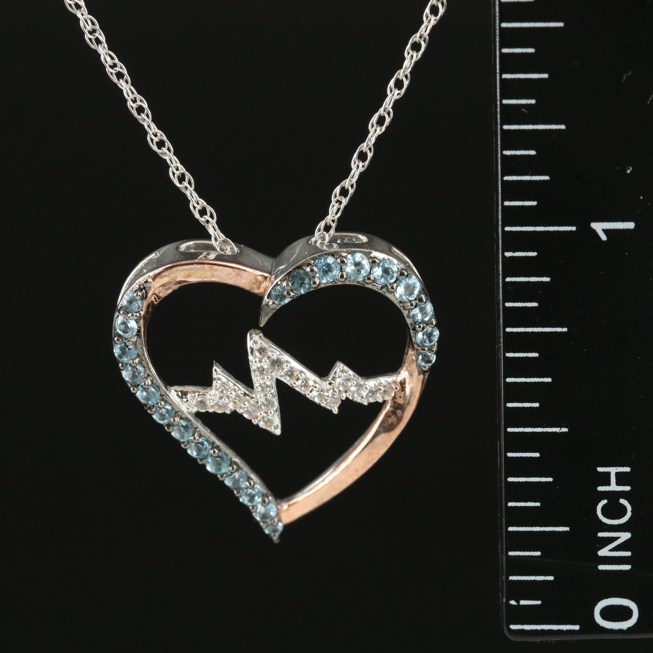 Sterling Topaz and Sapphire Heart and Heartbeat Pendant Necklace