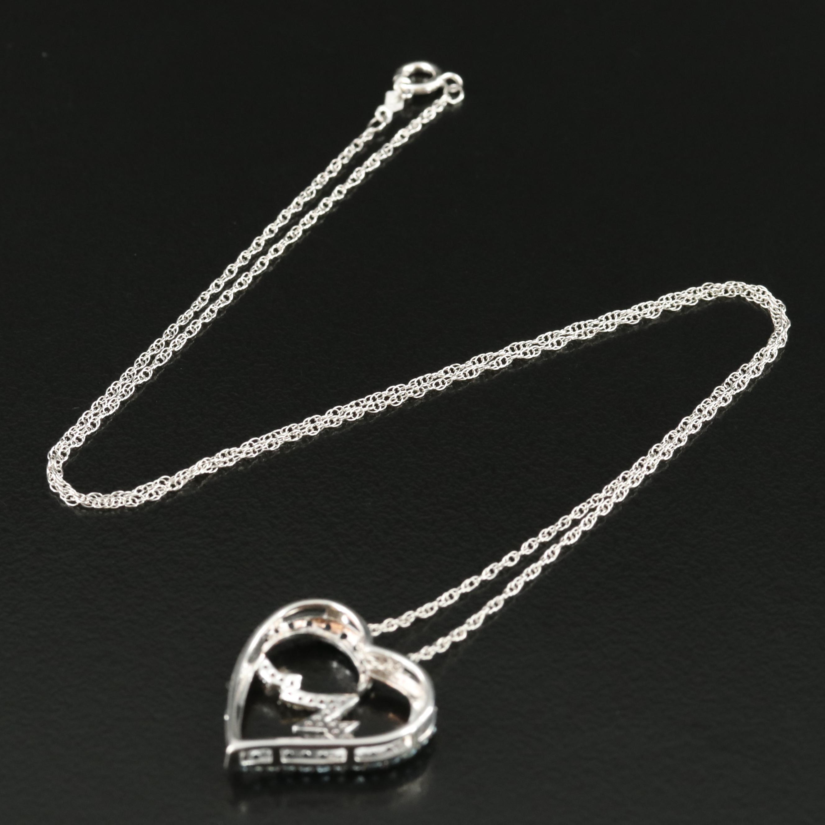 Sterling Topaz and Sapphire Heart and Heartbeat Pendant Necklace