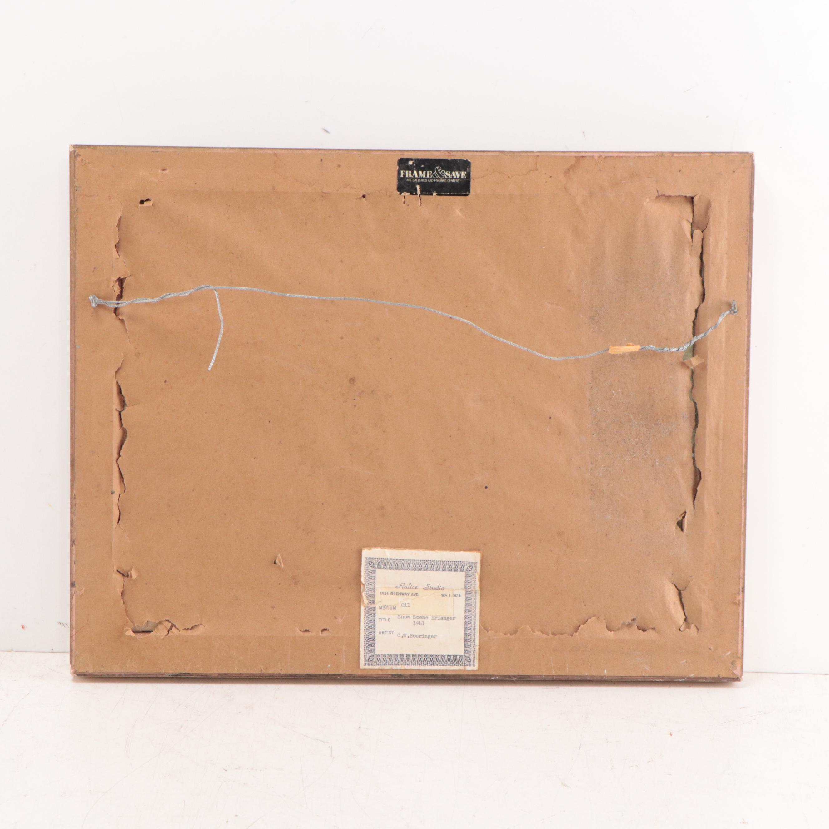 C. W. Boeringer Winter Landscape Oil Painting "Snow Scene Erlanger," 1941