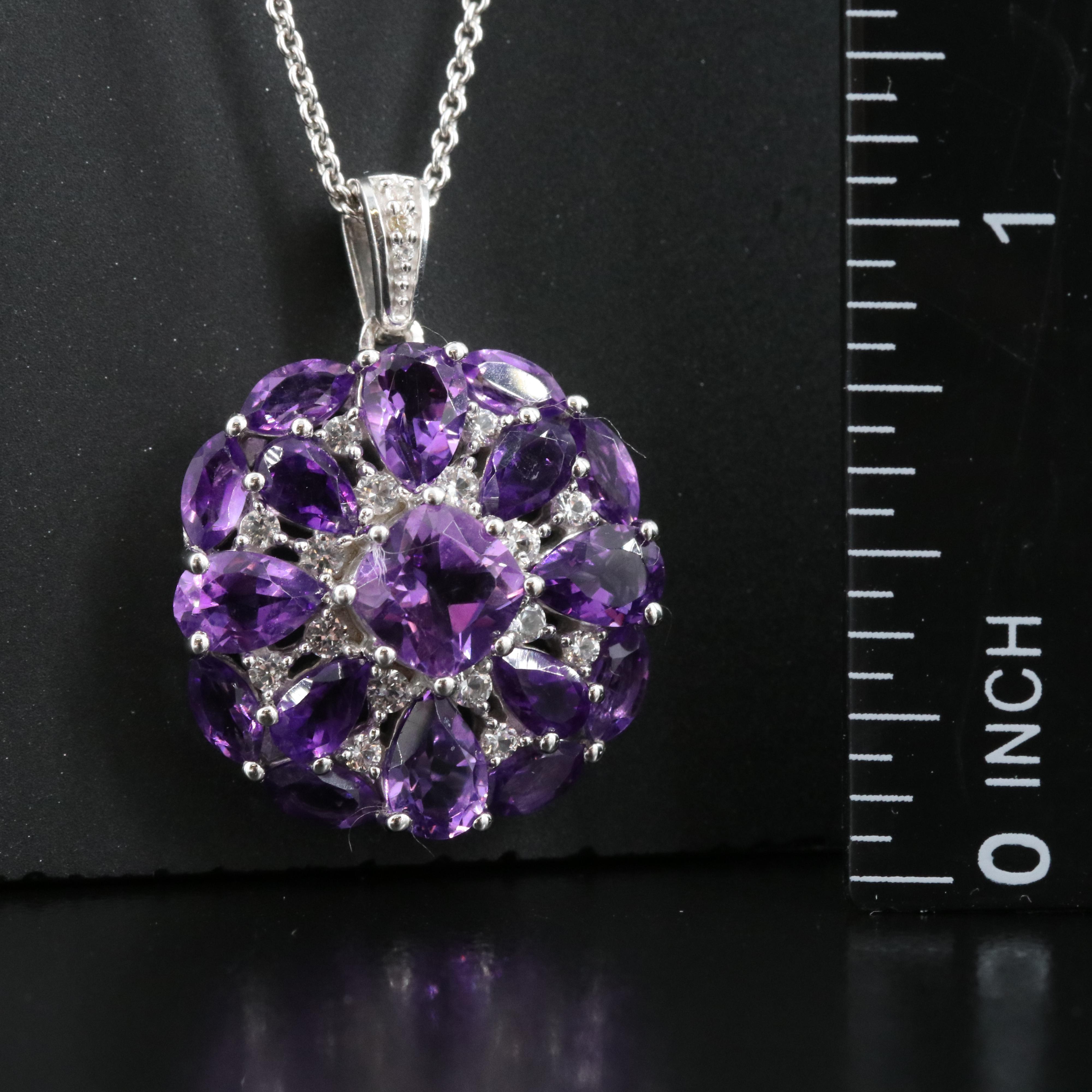 Sterling Amethyst, Sapphire and Topaz Flower Pendant Necklace