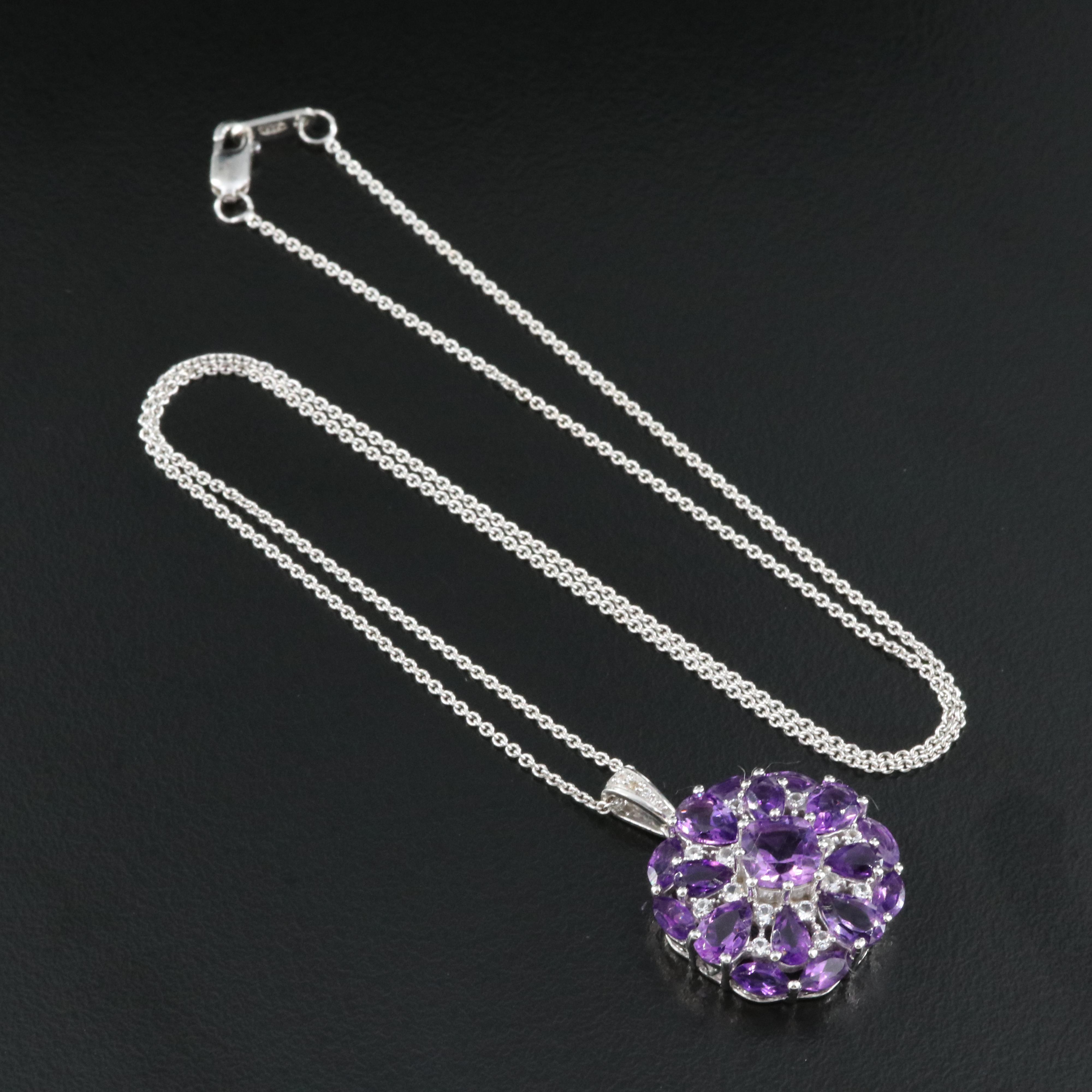 Sterling Amethyst, Sapphire and Topaz Flower Pendant Necklace