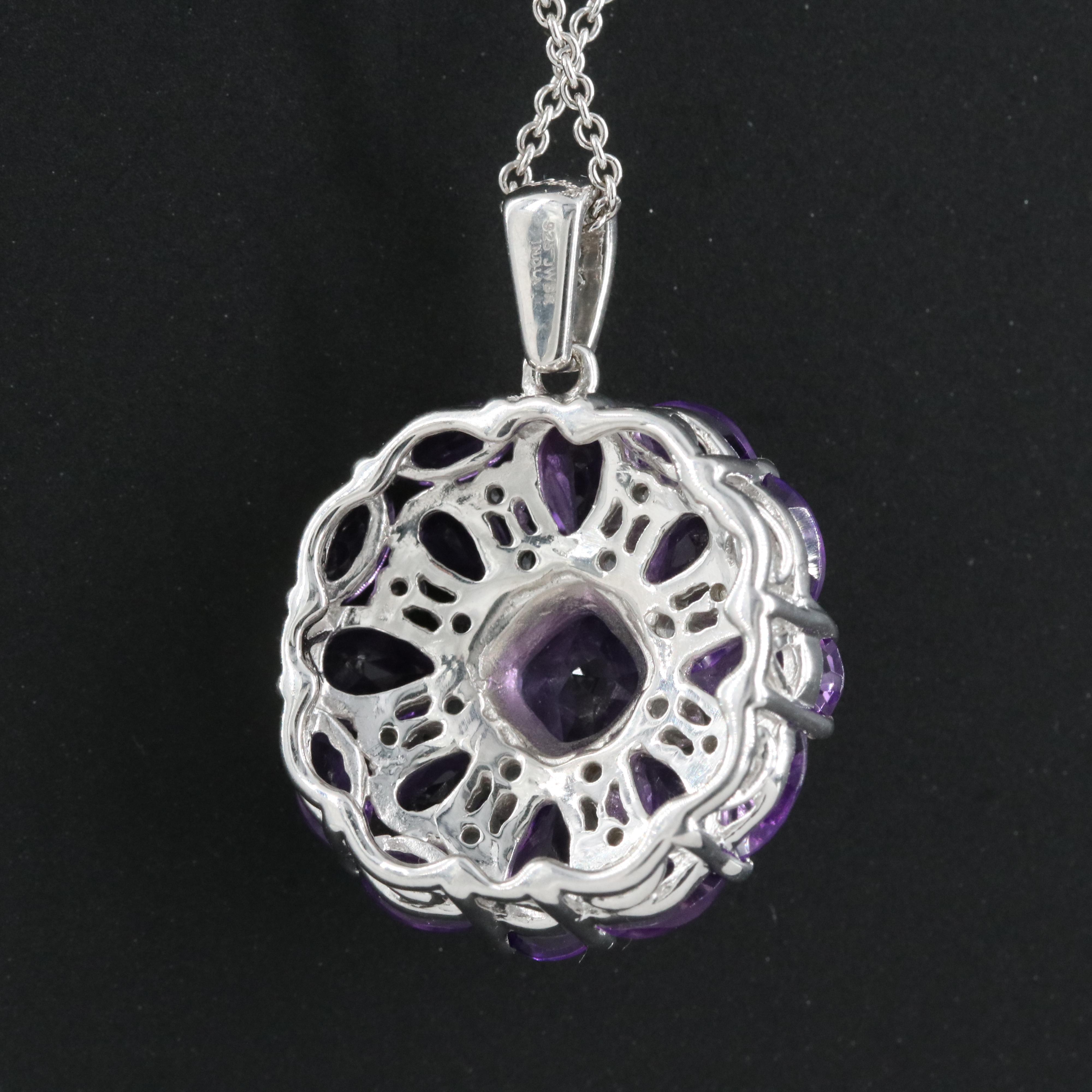 Sterling Amethyst, Sapphire and Topaz Flower Pendant Necklace