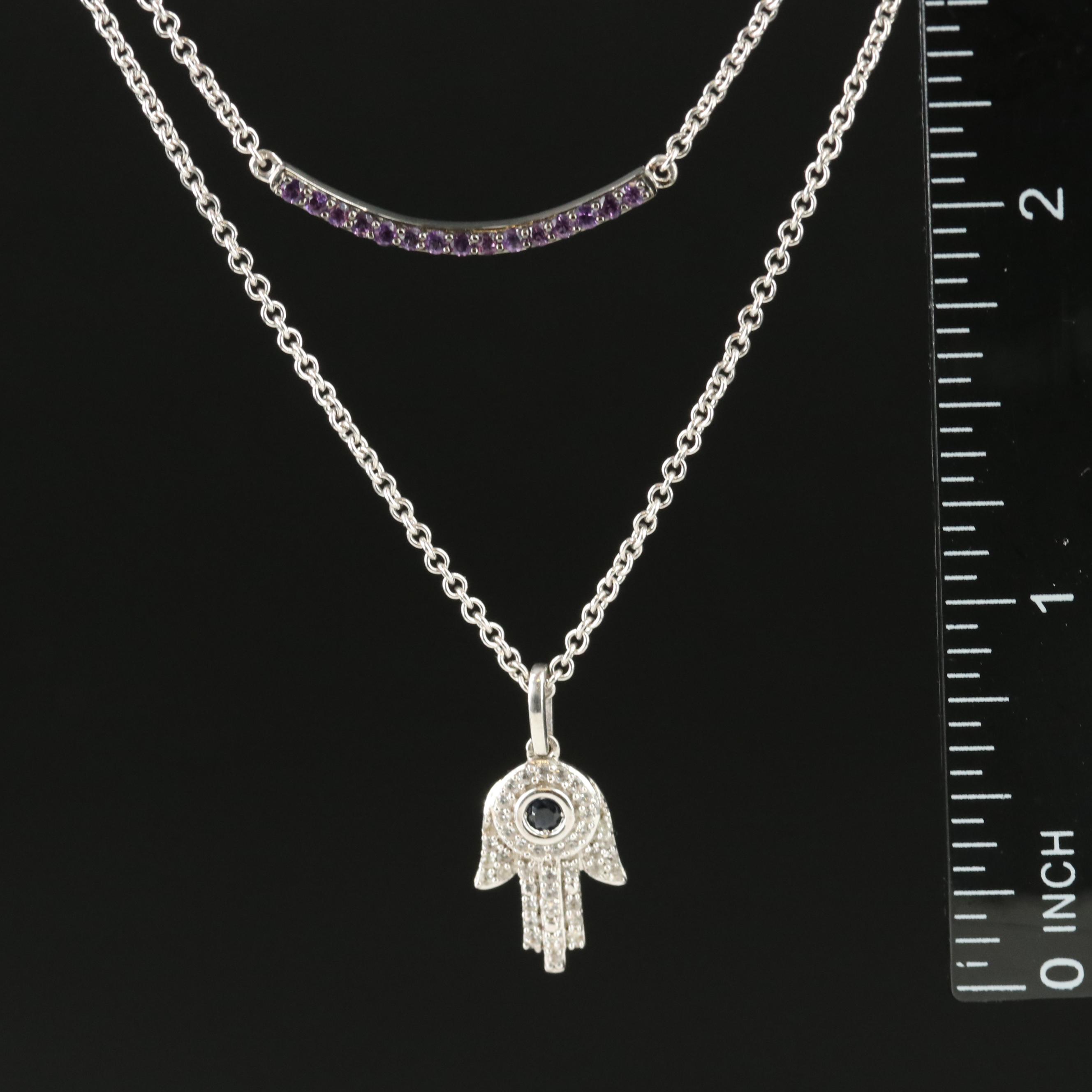 Sterling Sapphire and White Sapphire Curved Bar and Hamsa Layer Necklace