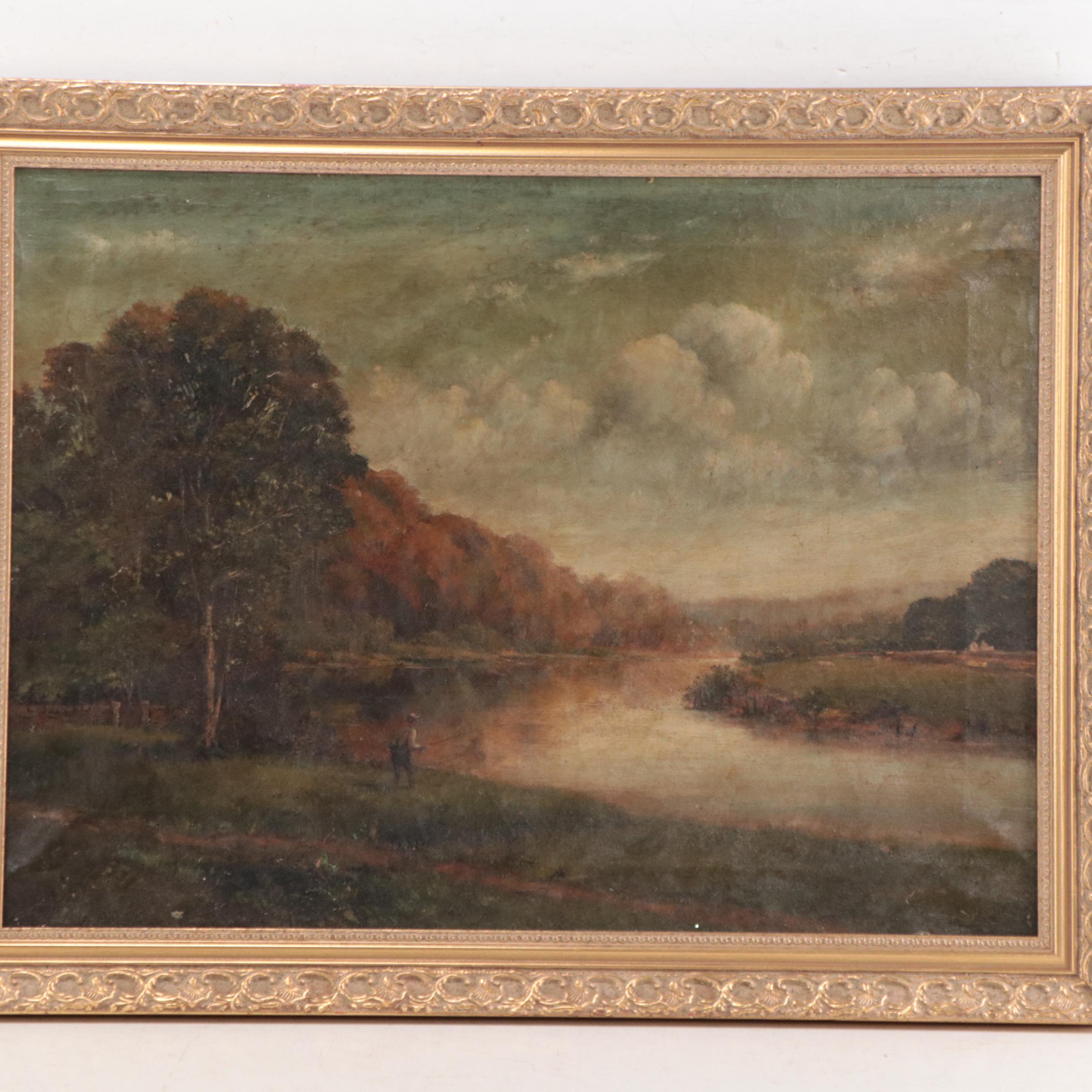 Romantic River Landscape Oil Painting, Circa 1900