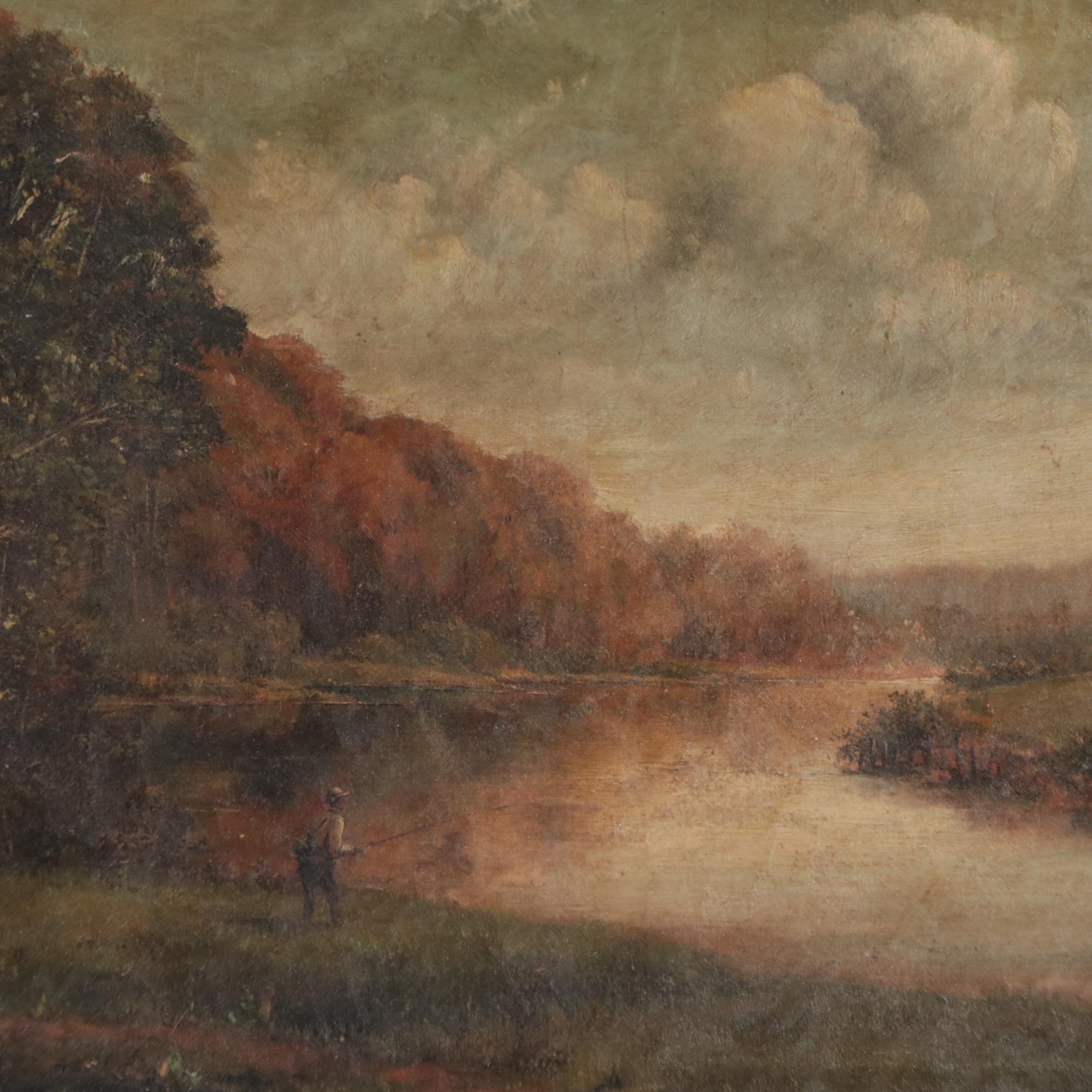 Romantic River Landscape Oil Painting, Circa 1900