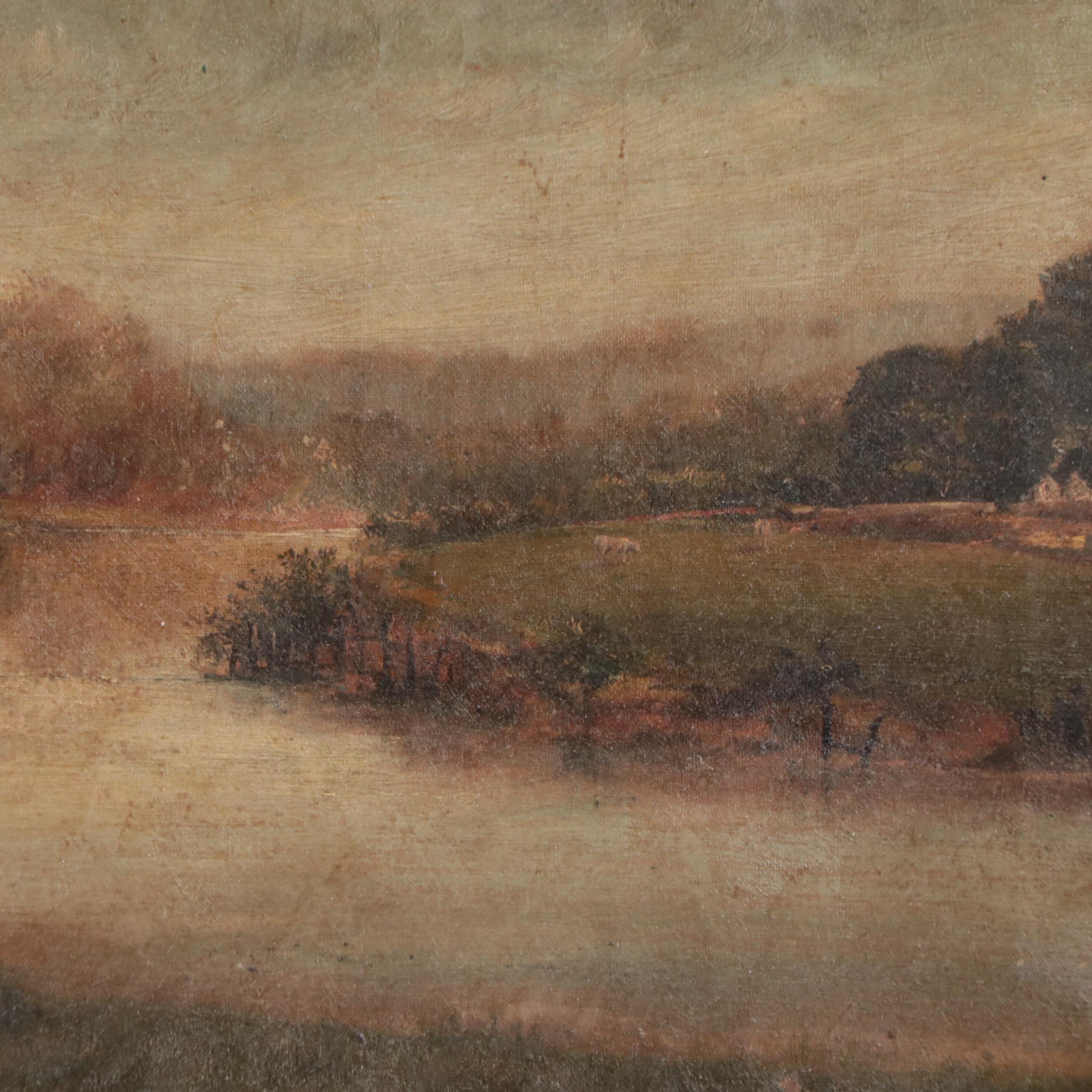 Romantic River Landscape Oil Painting, Circa 1900