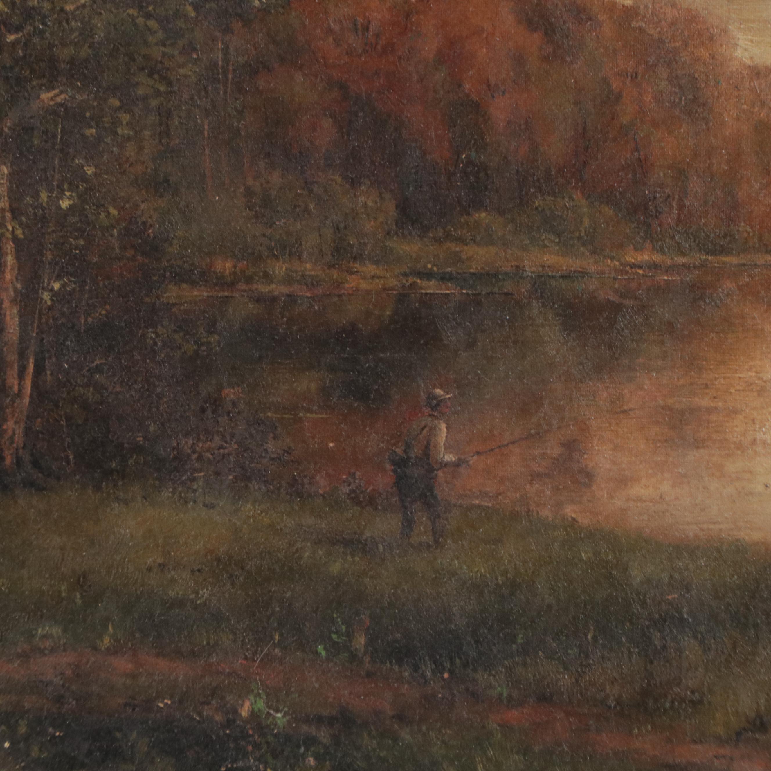 Romantic River Landscape Oil Painting, Circa 1900
