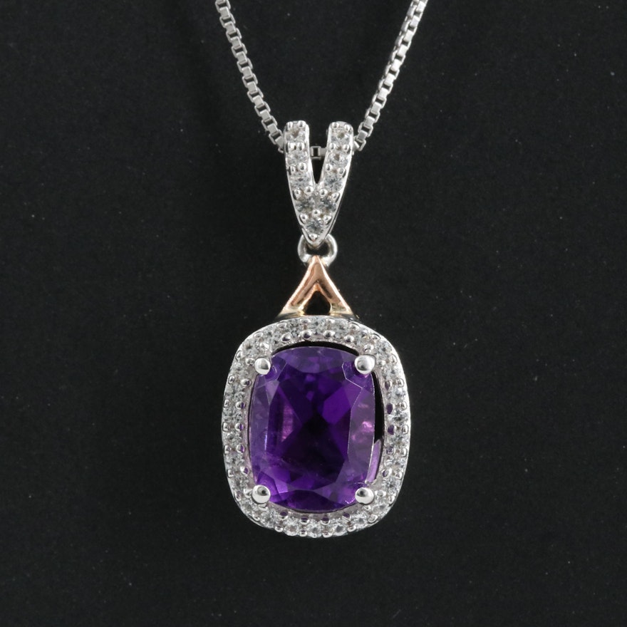 Sterling Amethyst and White Sapphire Pendant Necklace with 10K Rose Gold Accent