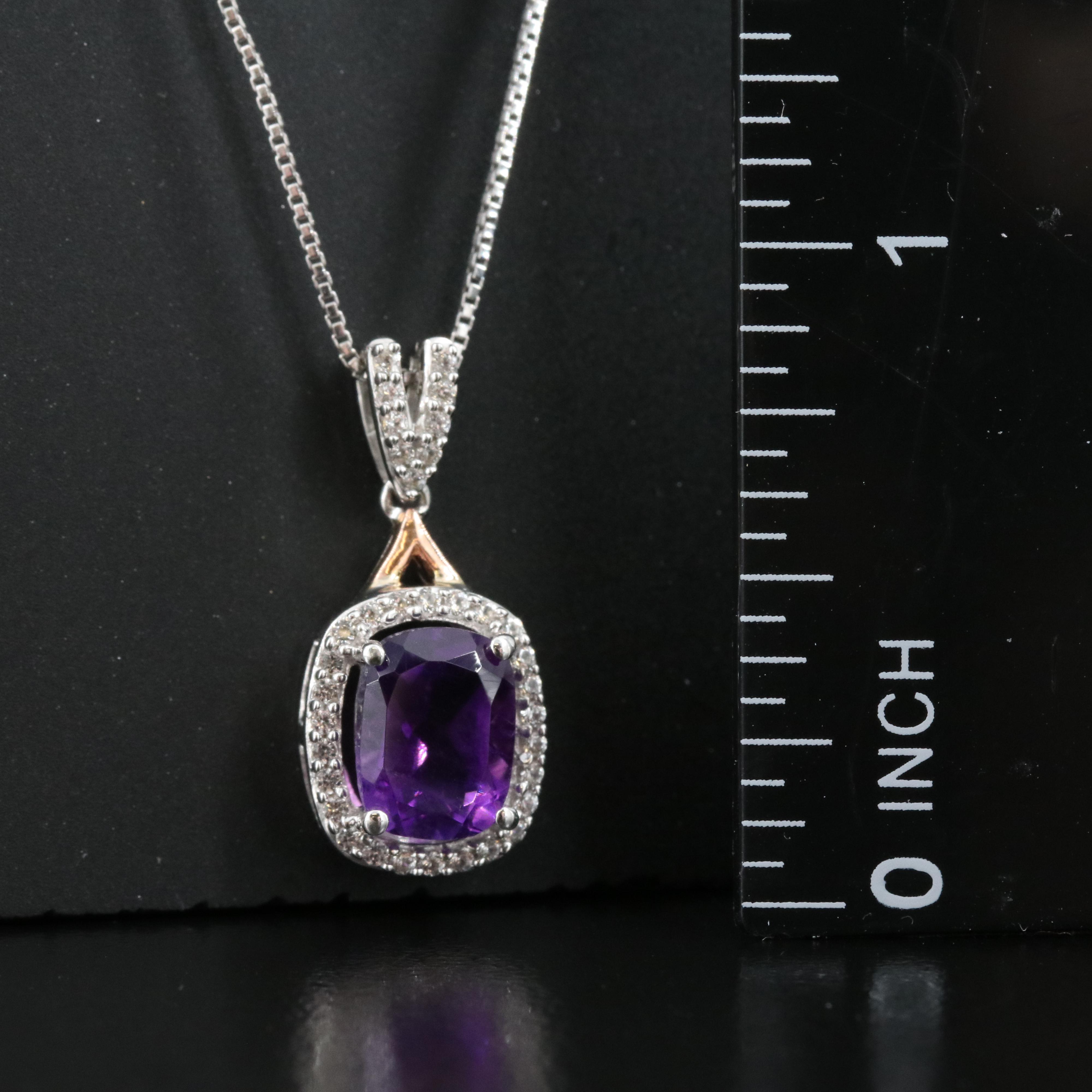 Sterling Amethyst and White Sapphire Pendant Necklace with 10K Rose Gold Accent