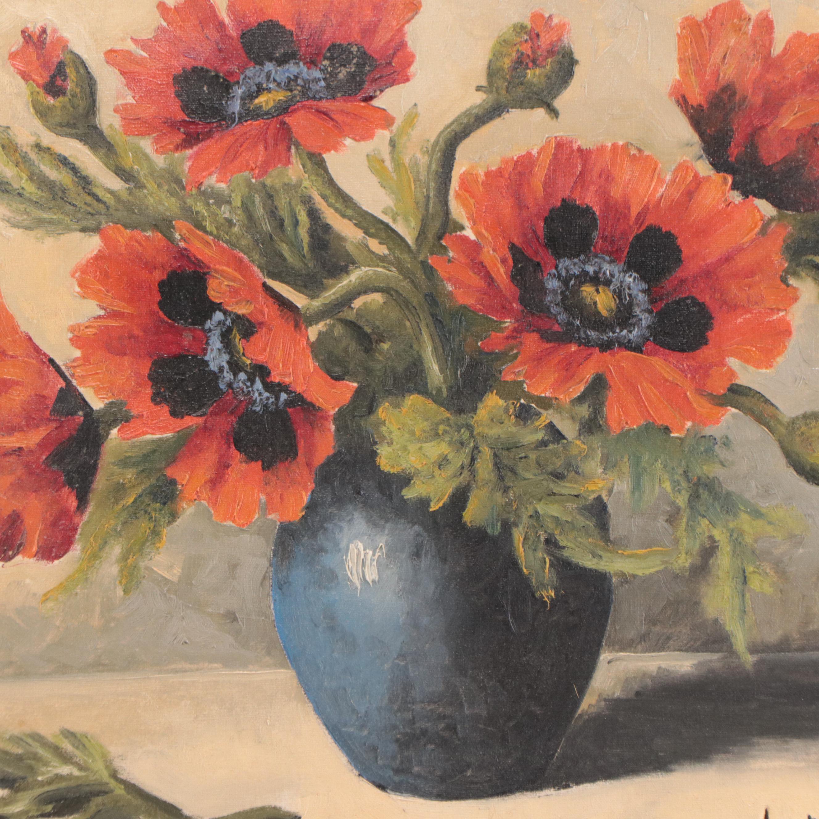 Max V. Lier Floral Still Life Oil Painting of Poppies