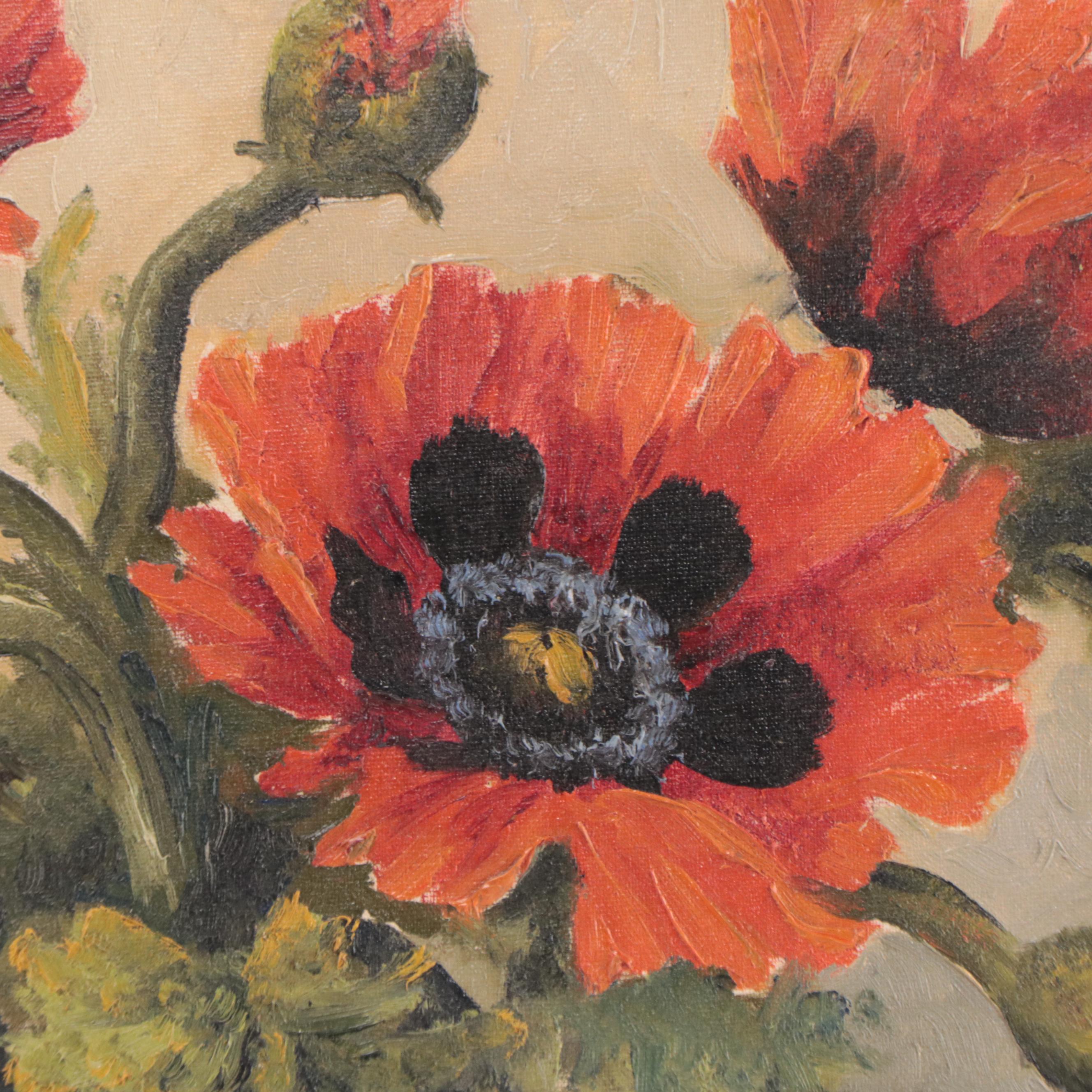 Max V. Lier Floral Still Life Oil Painting of Poppies