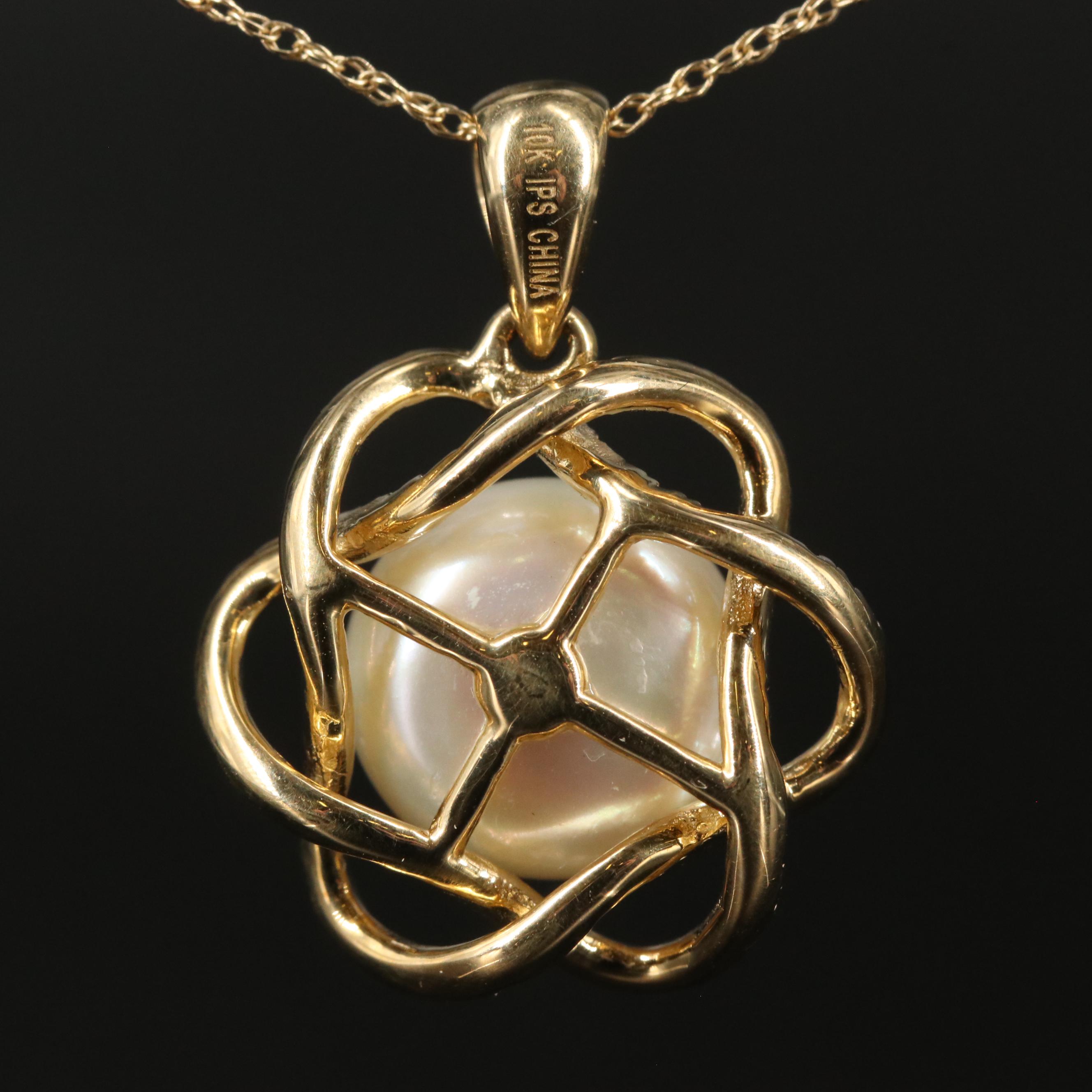 10K Pearl and Diamond Pendant Necklace